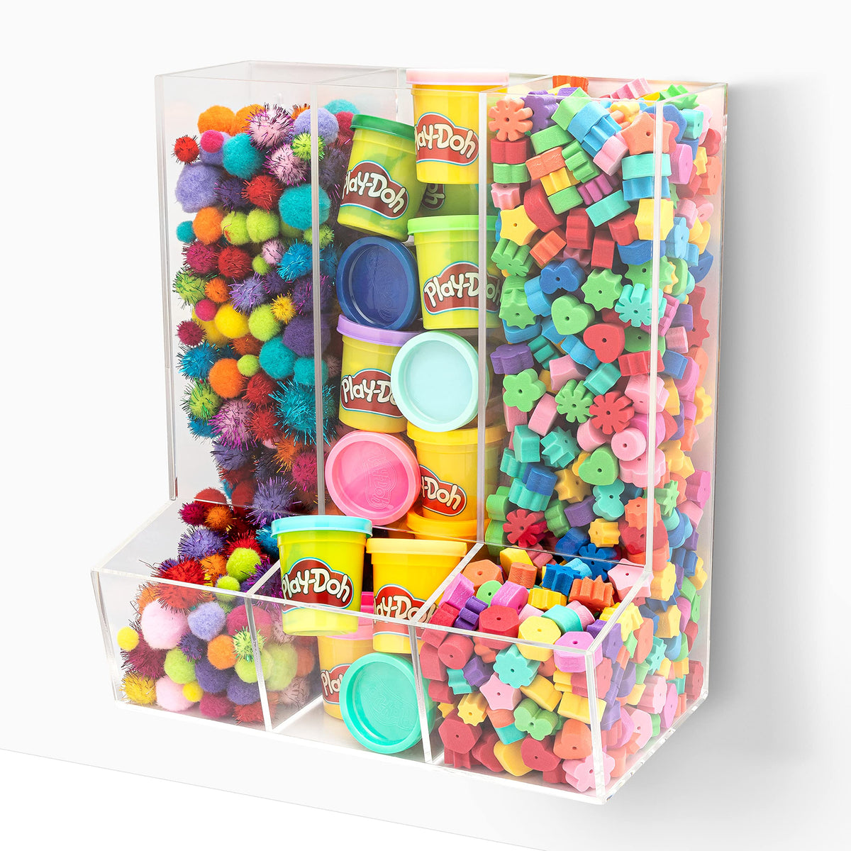 SimplyImagine Acrylic Triple Divided Wall Toy Dispenser, Hanging Organizer and Storage Bin for Childrens Room - 3 Compartment Cl