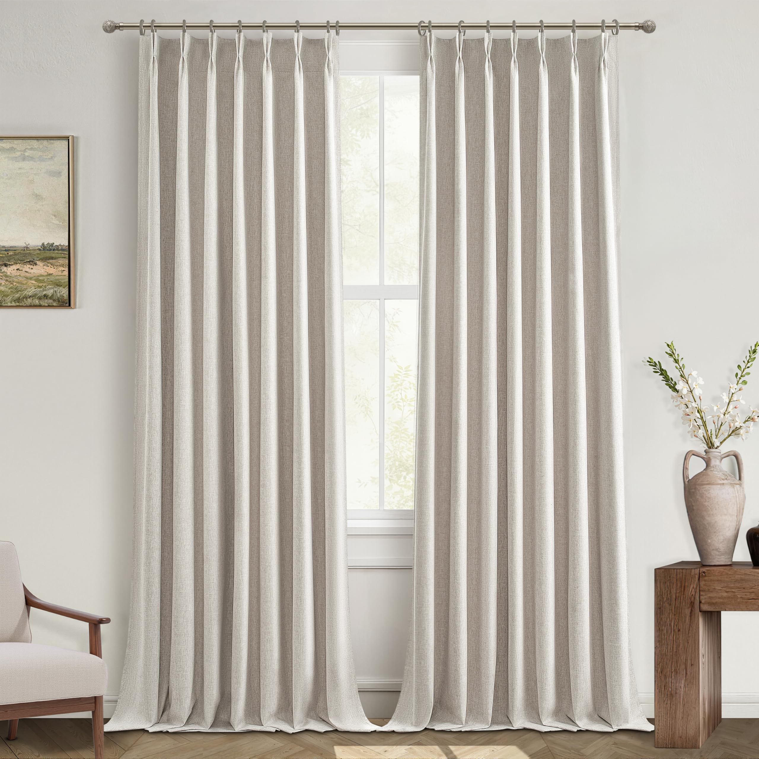 QJmydeco Natural Linen Pinch Pleated Blackout Curtains & Drapes 94 Inch Long Bedroom/Livingroom Farmhouse Curtain 2 Panel Sets, 