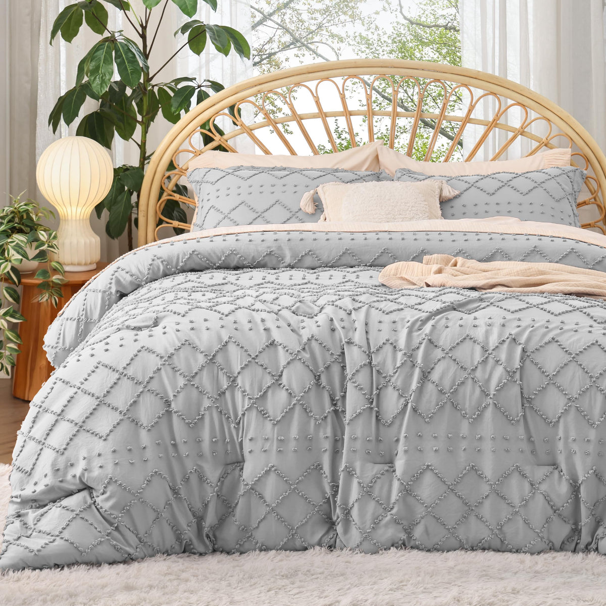Bedsure California King Comforter Set - Light Grey Comforter, Boho Tufted Shabby Chic Bedding Comforter Set, 3 Pieces Farmhouse