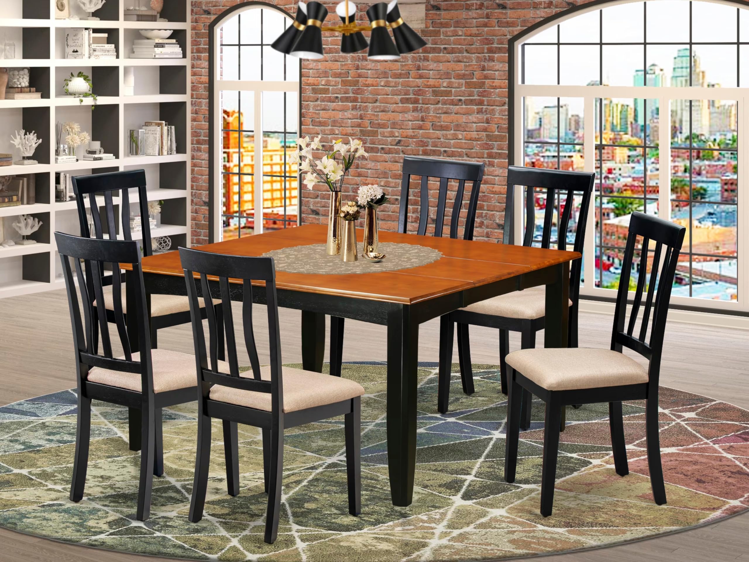 East West Furniture PFAN7-BCH-C 7 Piece Kitchen Table Set Consist of a Square Dining Table with Butterfly Leaf and 6 Linen Fabric Dining Room Chairs, 54x54 Inch, Black & Cherry