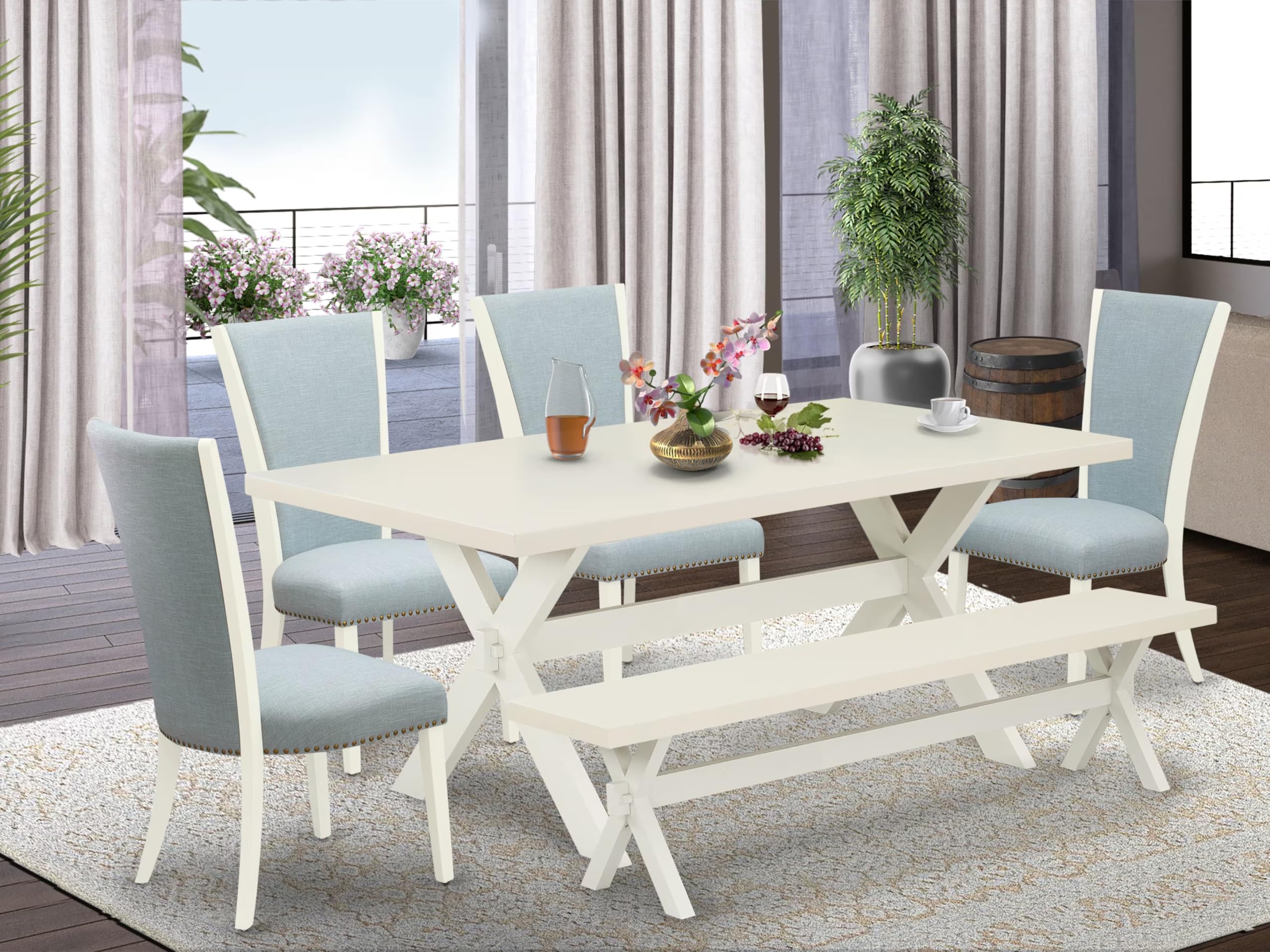 East West Furniture X027VE215-6 6 Piece Dinette Set Contains a Rectangle Dining Table with X-Legs and 4 Baby Blue Linen Fabric Parson Chairs with a Bench, 40x72 Inch, Multi-Color