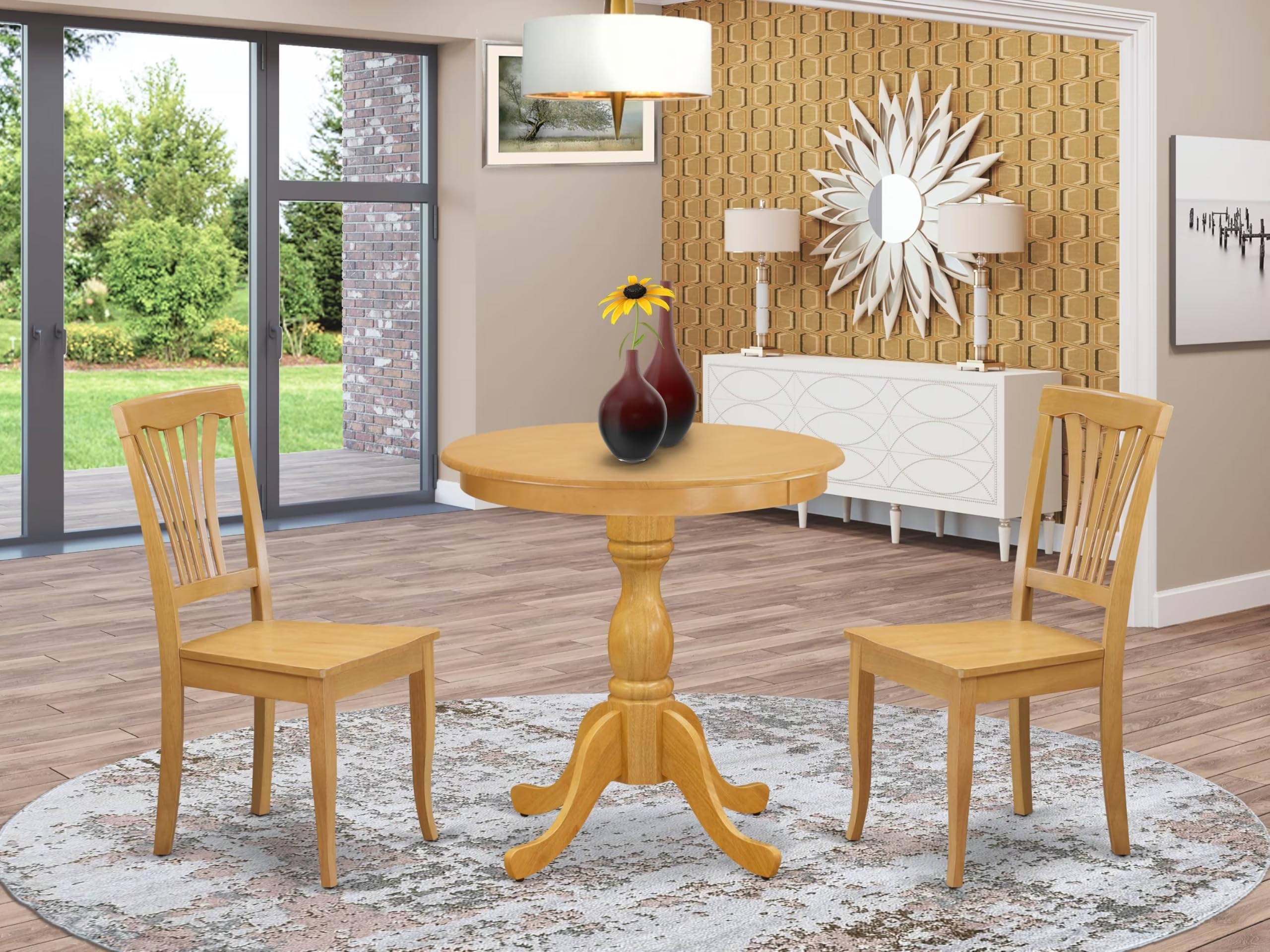 East West Furniture Esav3-Oak-W 3 Piece Modern Dining Table Set Contains A Round Wooden Table With Pedestal And 2 Kitchen Dining Chairs, 30X30 Inch, Oak