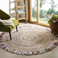 SAFAVIEH Cape Cod Collection Area Rug - 3 Round, Ivory & Light Beige, Handmade Boho Fringe Jute & Cotton, Ideal for High Traffi