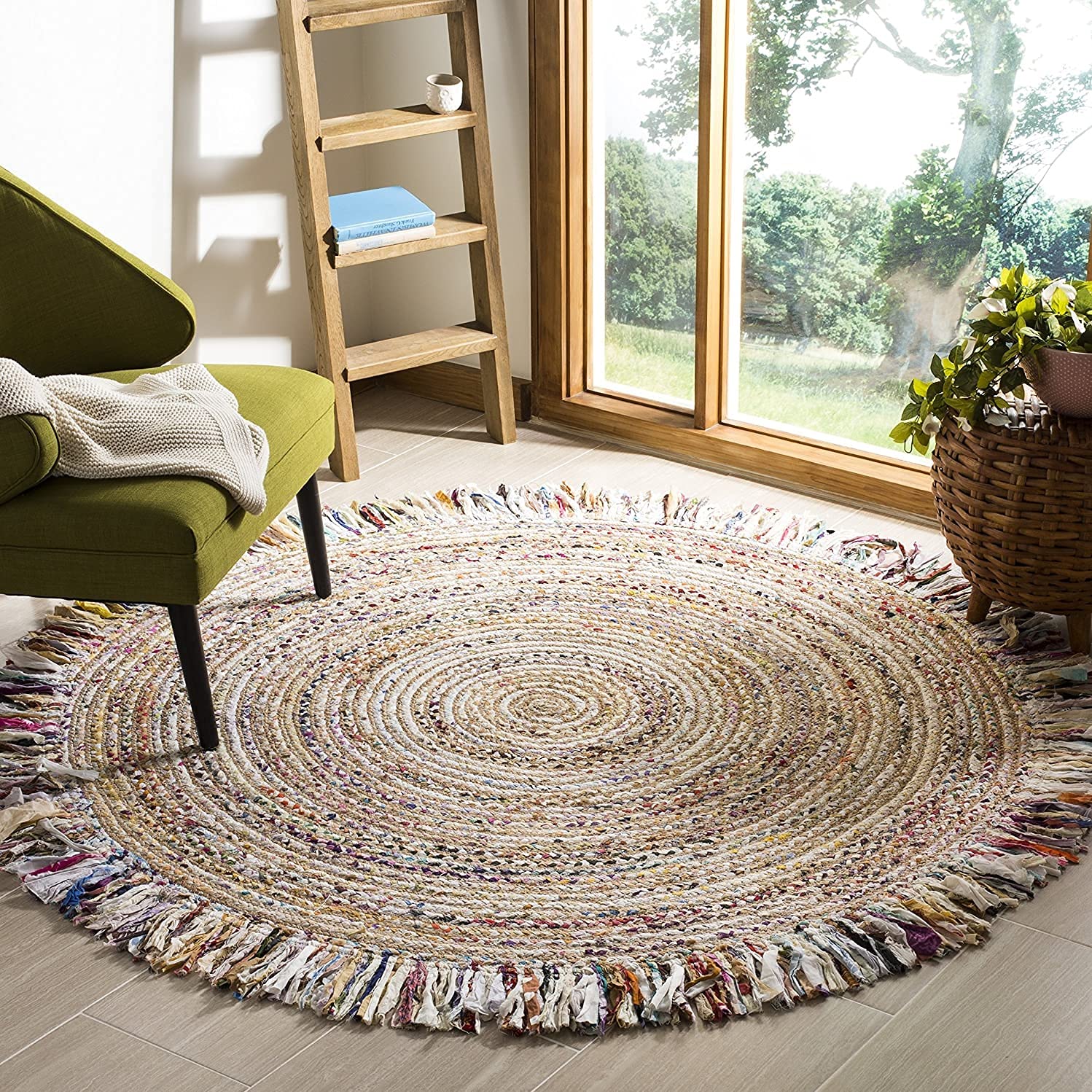 SAFAVIEH Cape Cod Collection Area Rug - 3 Round, Ivory & Light Beige, Handmade Boho Fringe Jute & Cotton, Ideal for High Traffi