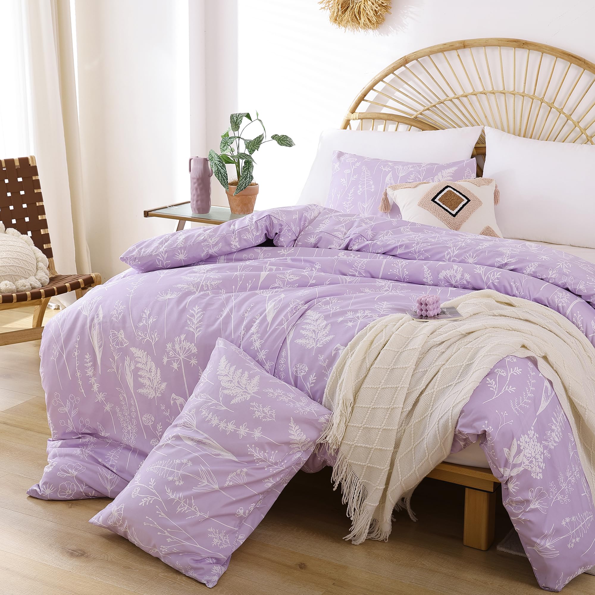 Janzaa Queen Comforter Set Lavender Comforter Floral Bedding Sets 3 Pieces Flowers Bed Comforter 1 Soft Reversible Cute Botanical With 2 Pillow Shams