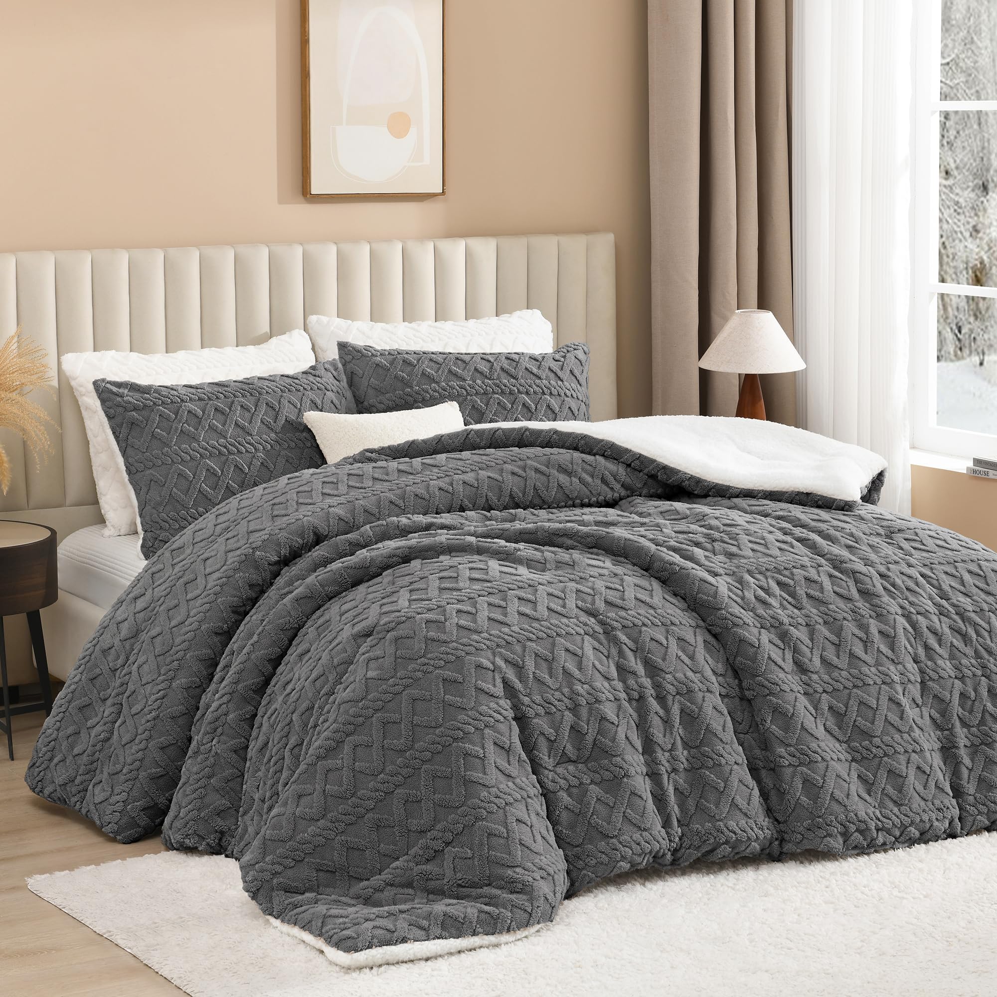 Andency Fluffy Sherpa Full Comforter Set Grey, Super Soft Gray Fleece Warm Bedding For Winter, Luxury Jacquard Boho Thick Fuzzy