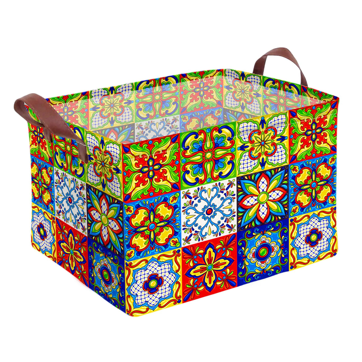 Mexican Talavera Decoration Storage Basket Waterproof Canvas Toy Storage Bin Collapsible Outdoor Basket with Leather Handles Mex