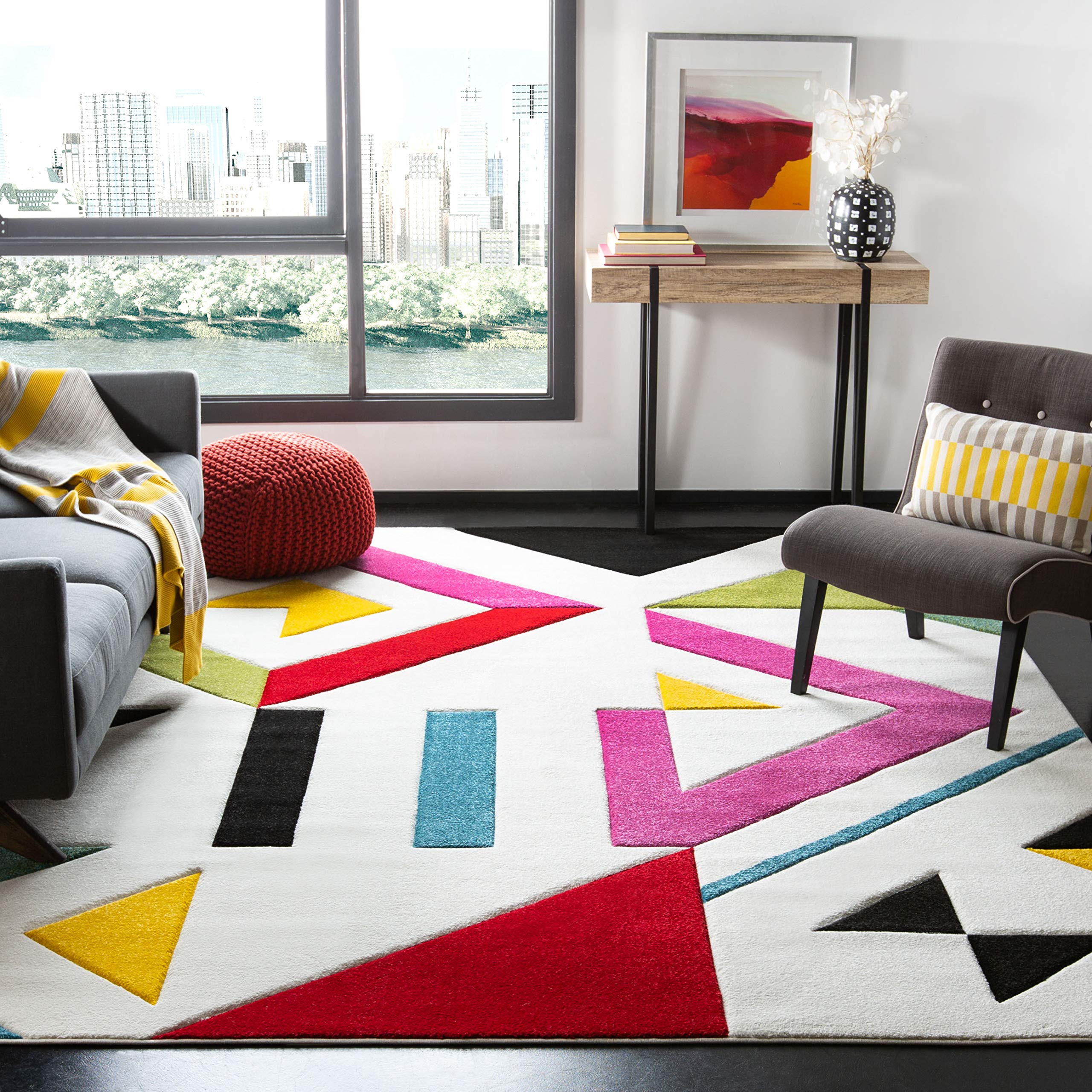 SAFAVIEH Hollywood Collection Area Rug - 8 x 10, Ivory & Rose, Mid-Century Modern Design, Non-Shedding & Easy Care, Ideal for 