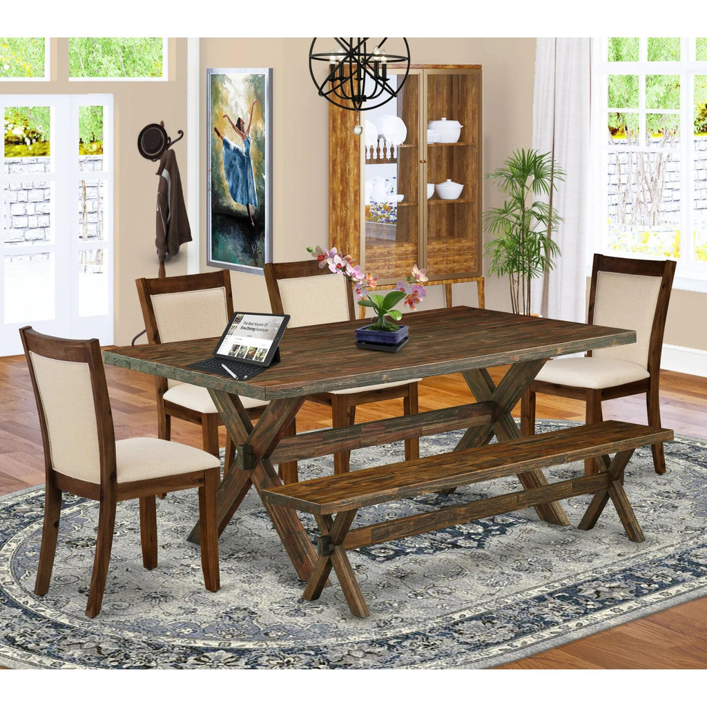 East West Furniture X777Mzn32-6 6 Piece Dining Table Set Contains A Rectangle Kitchen Table With X-Legs And 4 Light Beige Linen Fabric Parson Chairs With A Bench, 40X72 Inch, Multi-Color