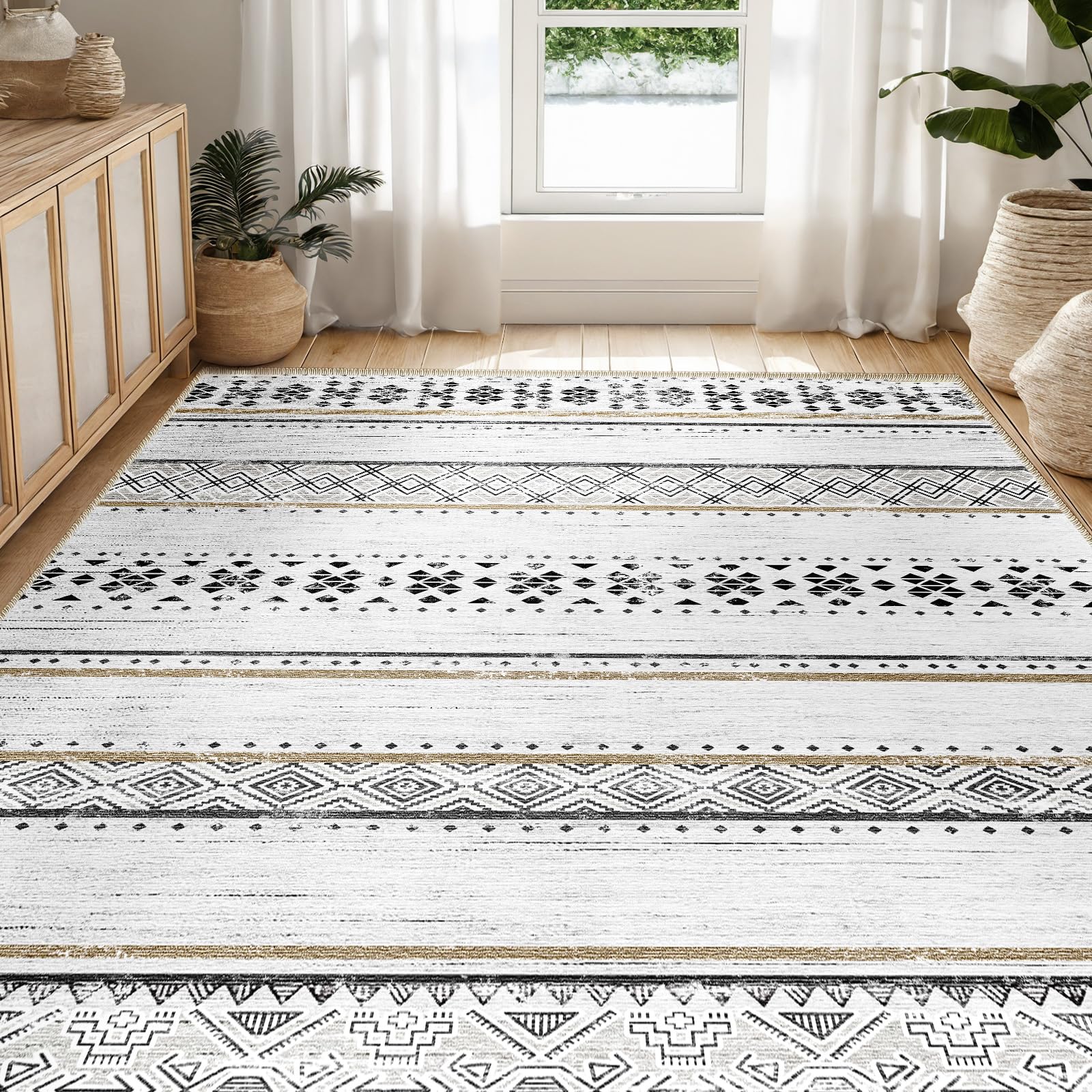 BESTSWEETIE 5x7 Area Rug for Living Room Washable Rug Moroccan Farmhouse Neutral Geometric Low Pile Water Repellent Non-Slip Sof