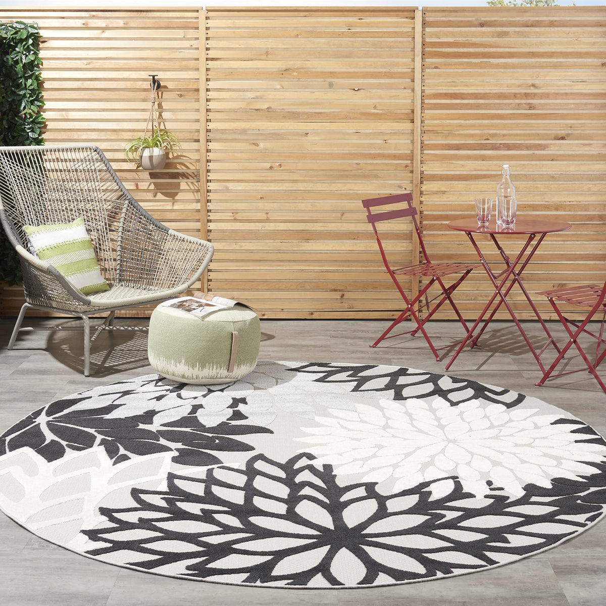 Nourison Aloha Indoor/Outdoor Black White 7'10' X Round Area -Rug, Tropical, Botanical, Easy -Cleaning, Non Shedding, Bed Room, Living Room, Dining Room, Deck, Backyard, Patio (8 Round)