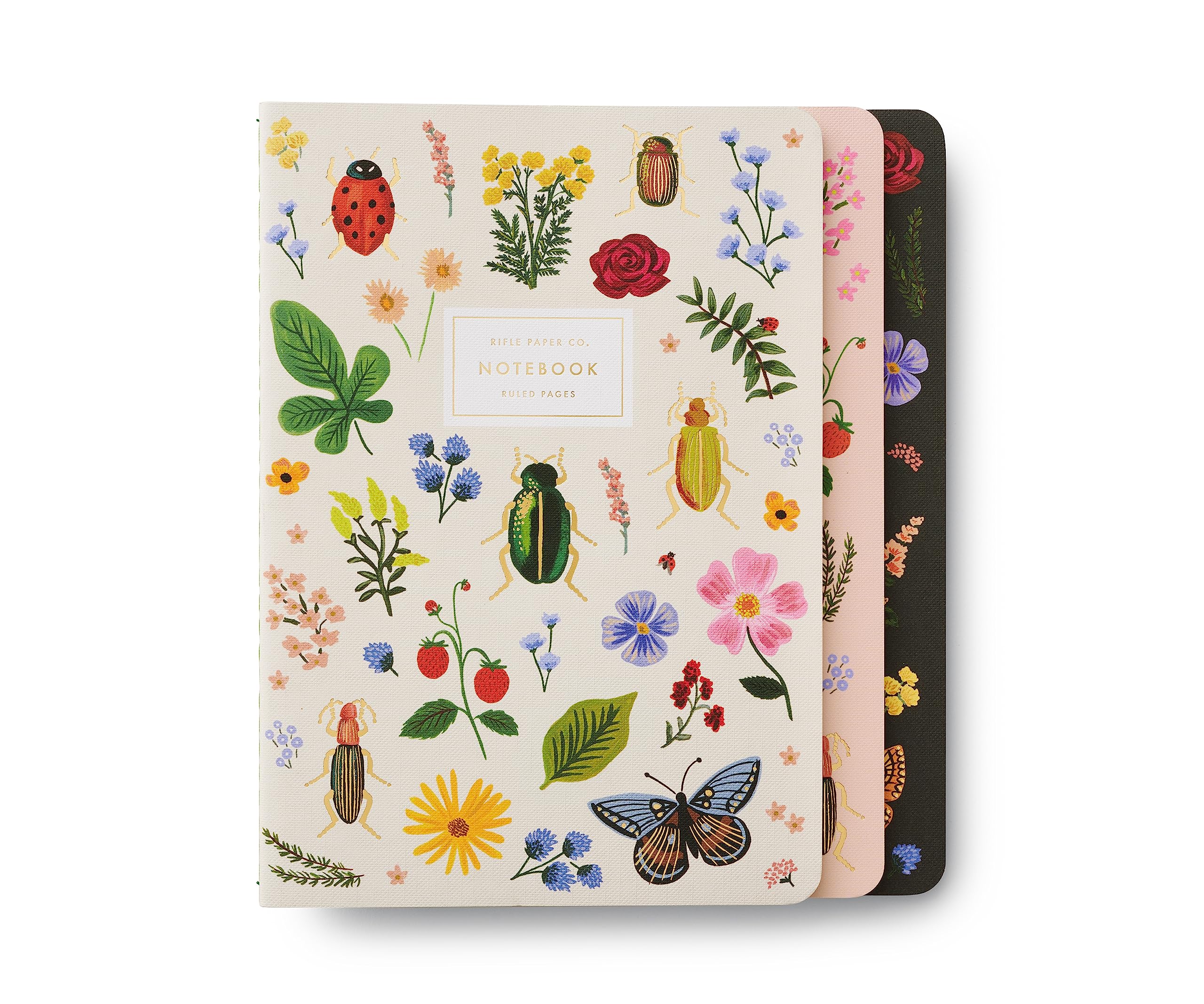 Rifle Paper Co. Curio Stitched Notebook Set, Assorted Set Of 3 Colorful Notebooks, 64 Ruled Pages With Gold Ink, Full Color Canv