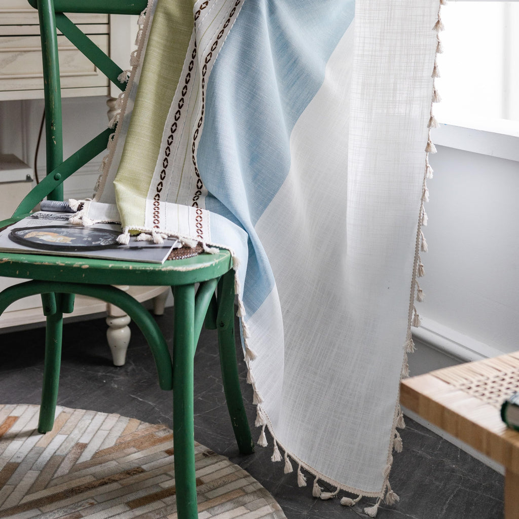 Sutuo Home Boho Curtains 72 Inch Length For Bedroom Living Room, Semi Blackout Farmhouse Tassels Window Treatment Bohemian Embroidery Drape, Rod Pocket 1 Panel 52' W X 72' L, Green Blue Striped Linen
