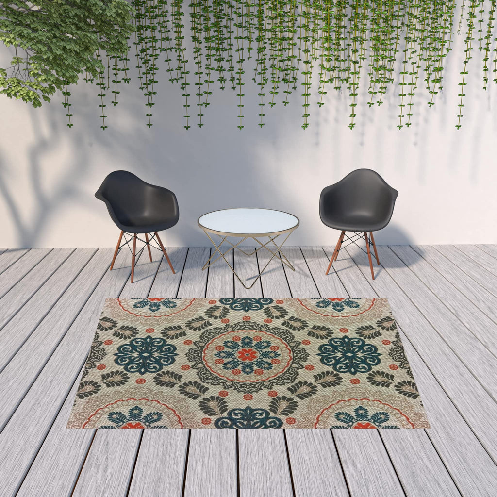 HomeRoots 7' x 9' Blue and Gray Damask Indoor Outdoor Area Rug