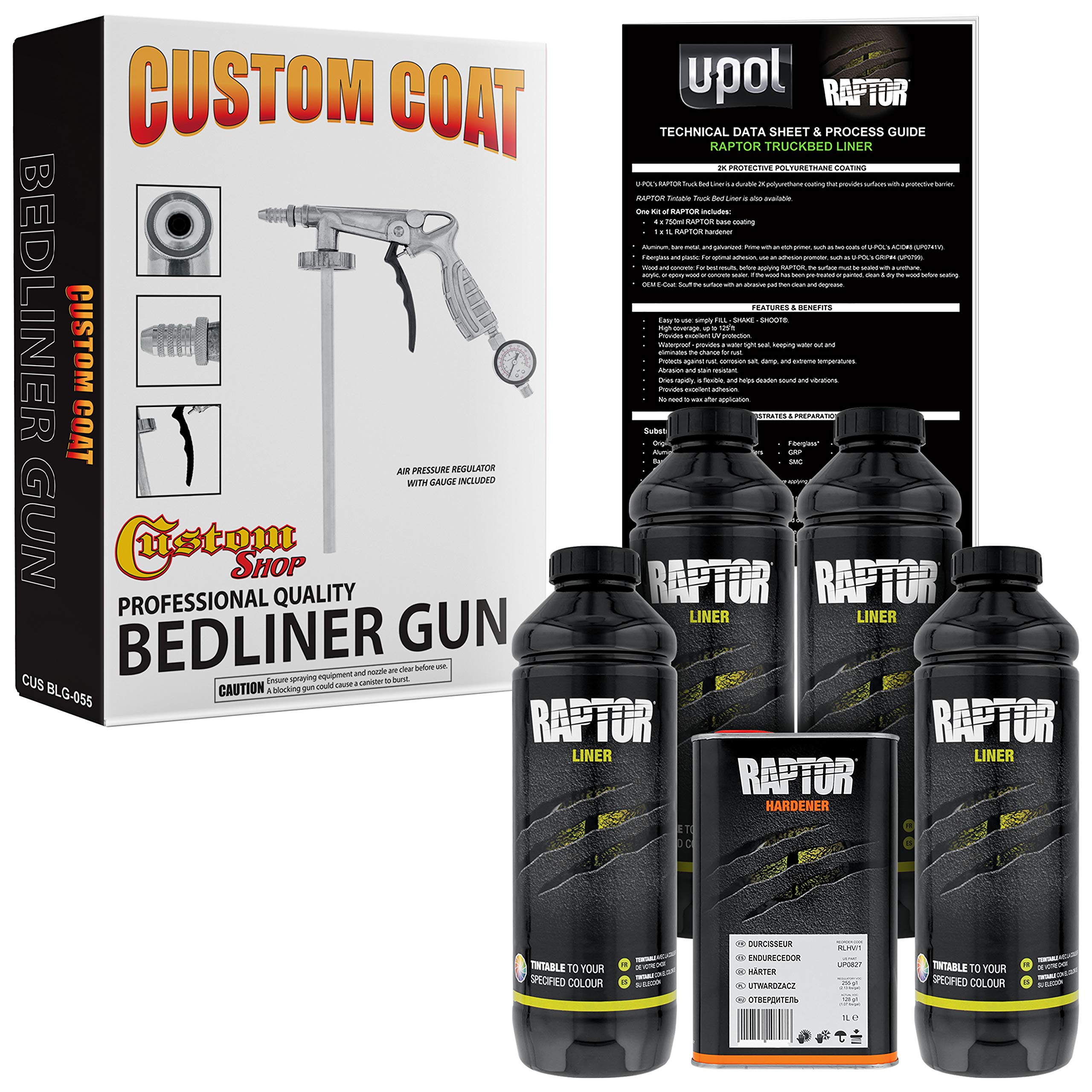 Custom Shop U-Pol Raptor Tintable Urethane Spray-On Truck Bed Liner Kit And Custom Coat Spray Gun With Regulator, 4 Quart Kit