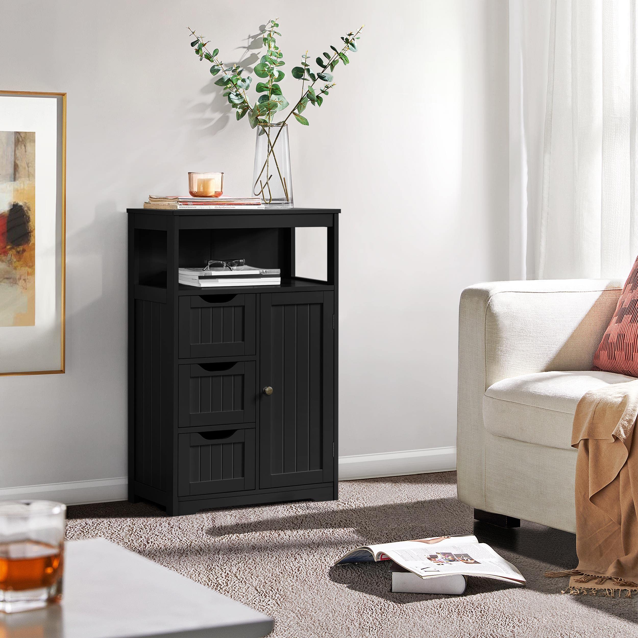 Yaheetech Bathroom Floor Cabinet, Free Standing Wooden Storage Organizer Multiple Tiers Storage Cabinet For Living Room, Black