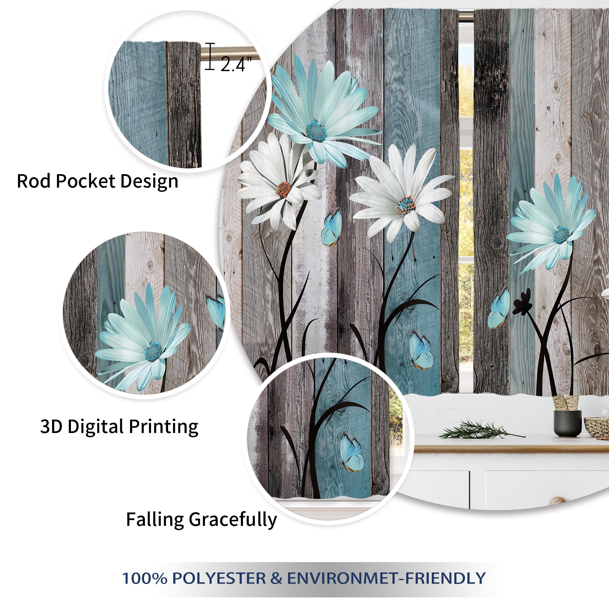Laifzere Teal Farmhouse Daisy Kitchen Curtains Wooden Flower Small Short Cafe Window Curtains Rustic Floral Butterfly Country Ba