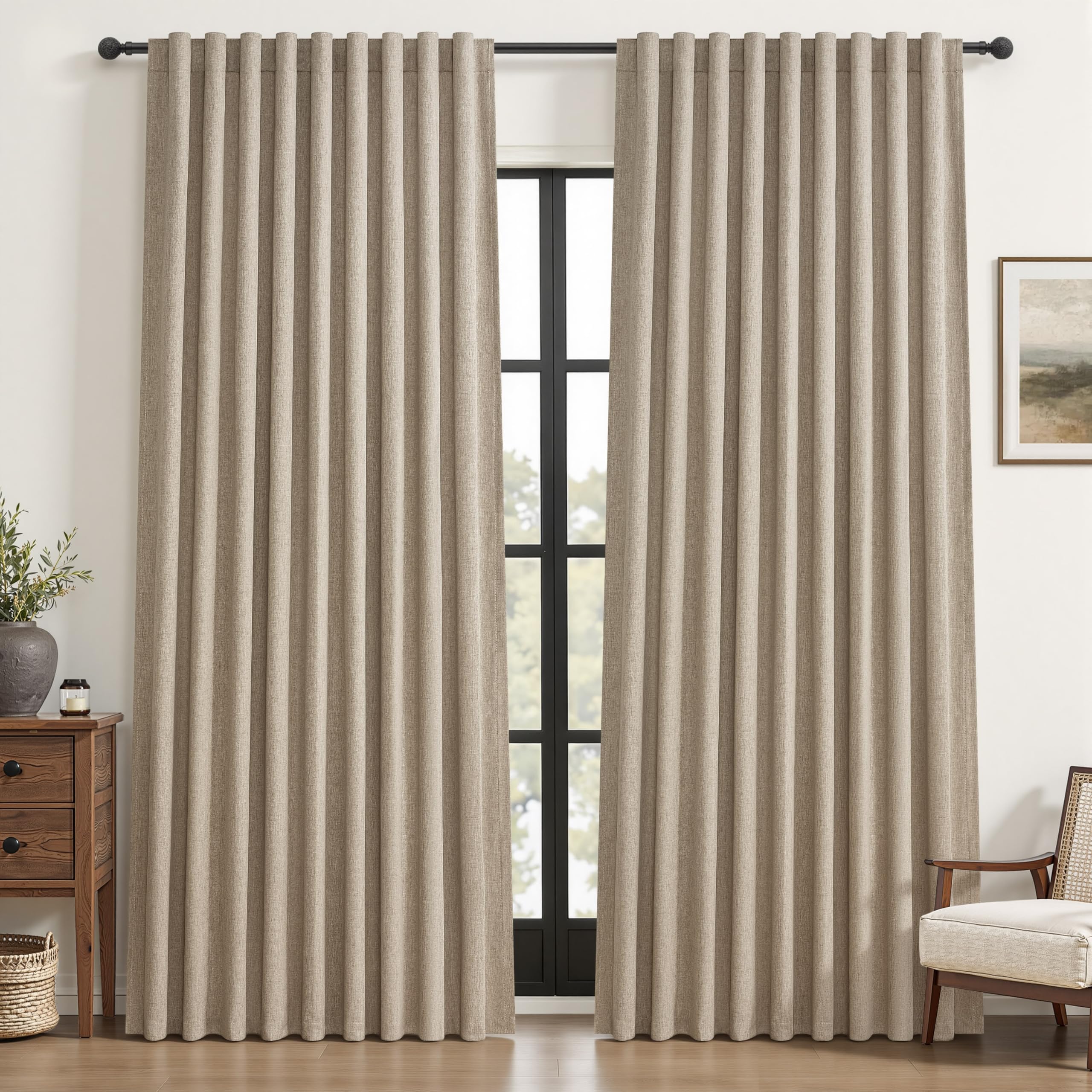 Extra Wide 60 Inch Blackout Curtains 96 Inches Long for Living Room, Rustic Boho Room Darkening Textured Linen Pleated Insulated