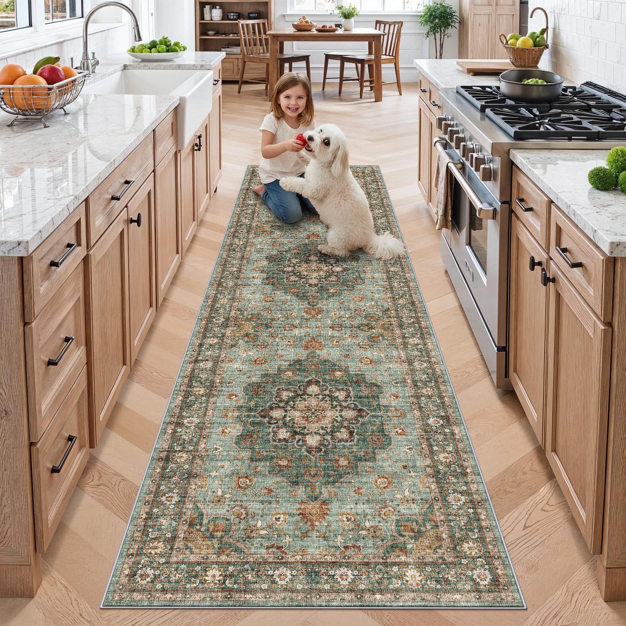 TOPRUUG Green Entryway 2x8 Rug - Washable Area Rugs for Hallway Kitchen Bathroom Non-Slip Ultra-Thin Indoor Door Mat - Stain Res