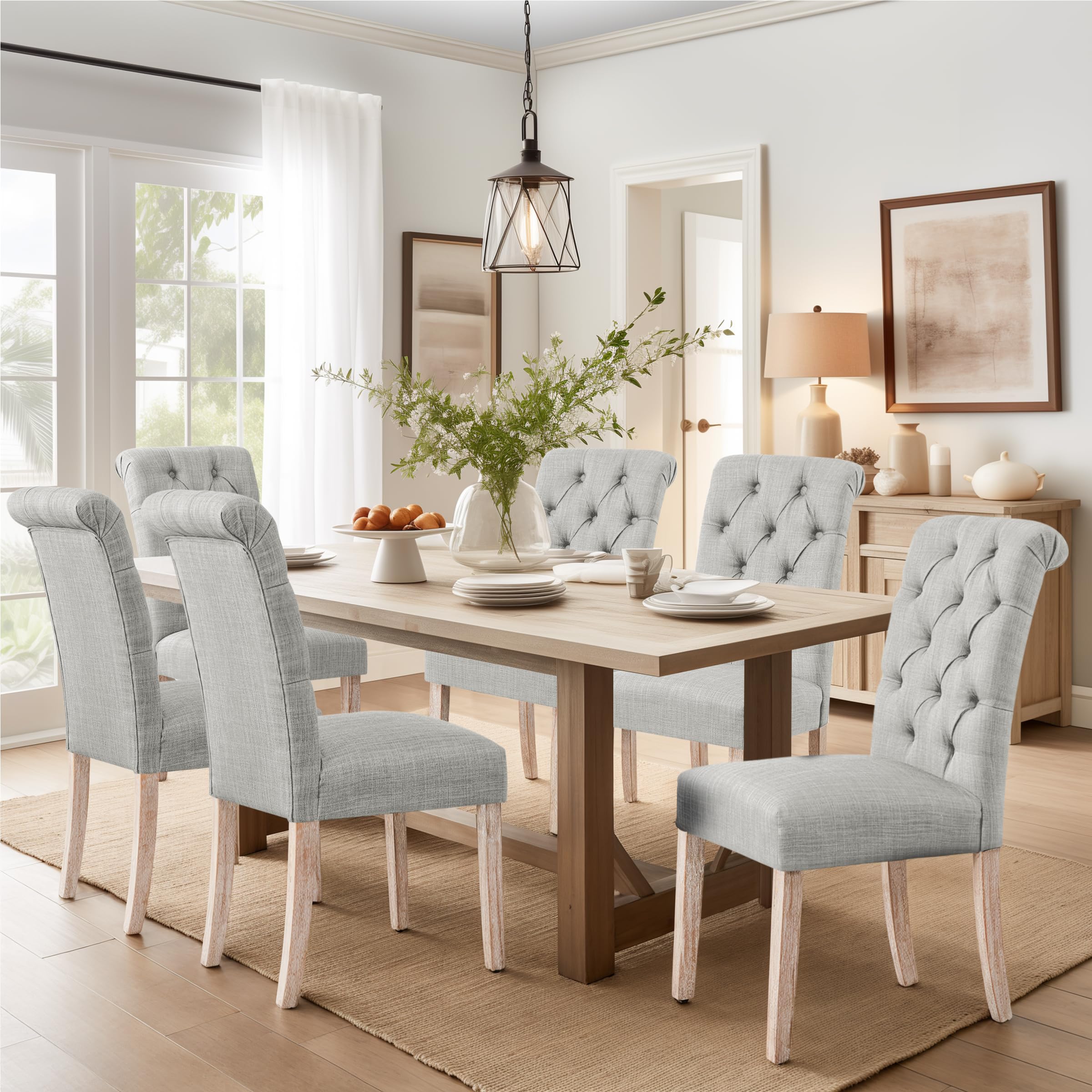 Chun Yi Tufted Dining Chairs Set Of 6, Upholstered Fabric Dining Room Chairs With Button Tufted Back And Solid Wood Legs, Parson