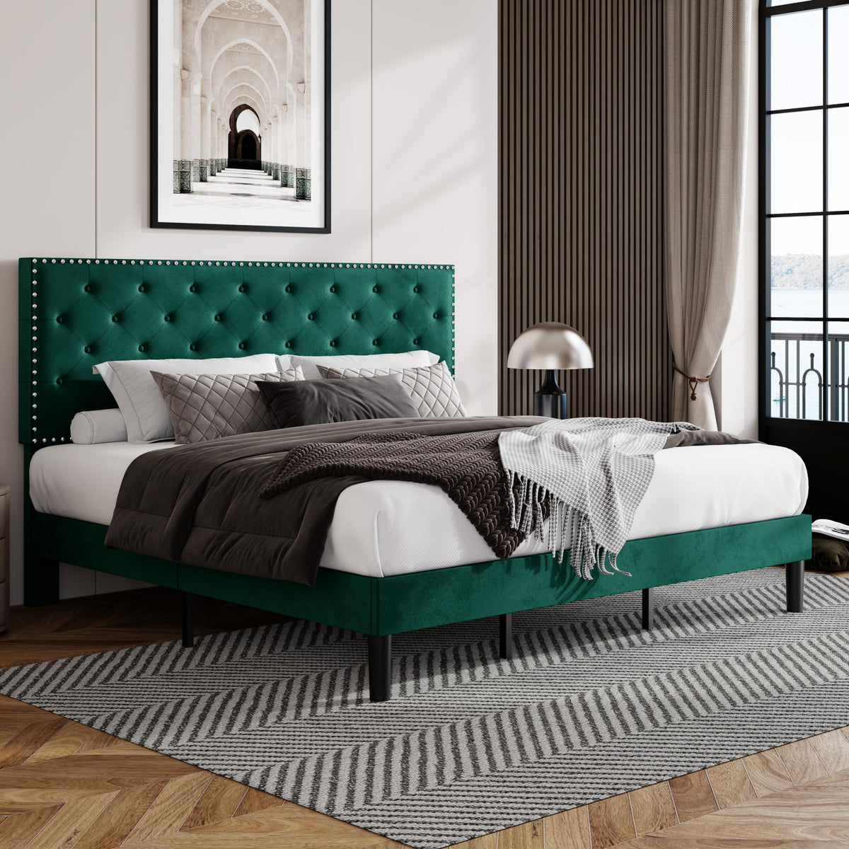 Allewie King Size Velvet Upholstered Platform Bed Frame With Adjustable Diamond Button Tufted And Nailhead Trim Headboard, Wood Slat Support, Easy Assembly, No Box Spring Needed, Dark Green