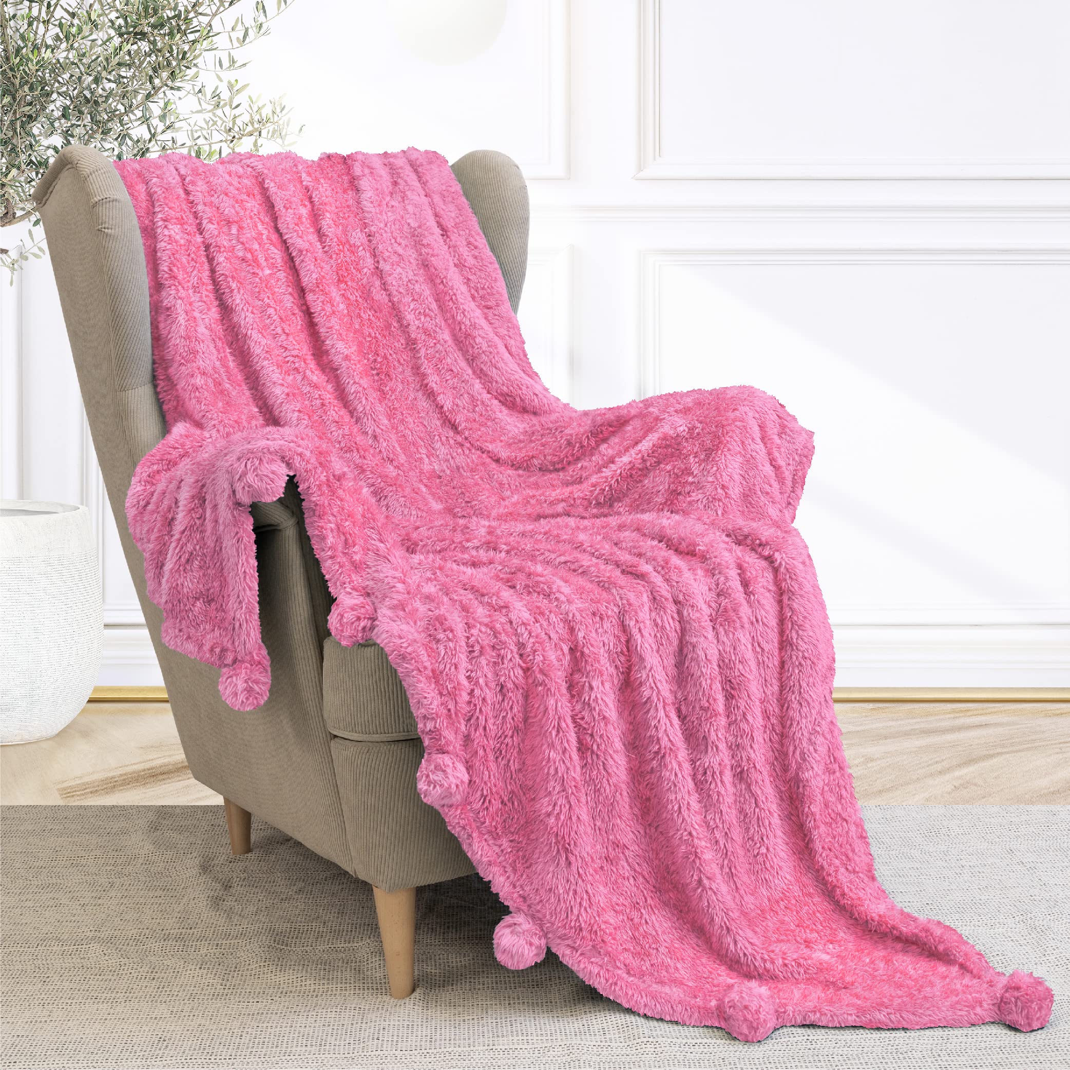 Pavilia Hot Pink Sherpa Throw Blanket With Soft Pom Pom Fringe, Plush Cozy Warm Blankets For Couch Bed Sofa, Fuzzy Fleece Throw