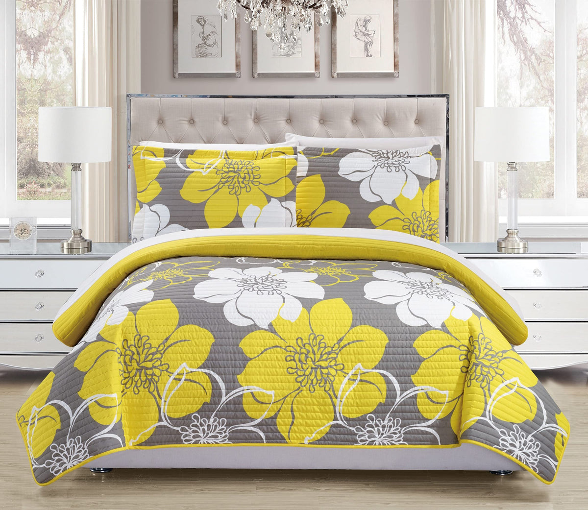Chic Home - Qs1768-An 3 Piece Woodside Abstract Large Scale Floral Printed With 2 Shams Quilt Set, Queen, Yellow