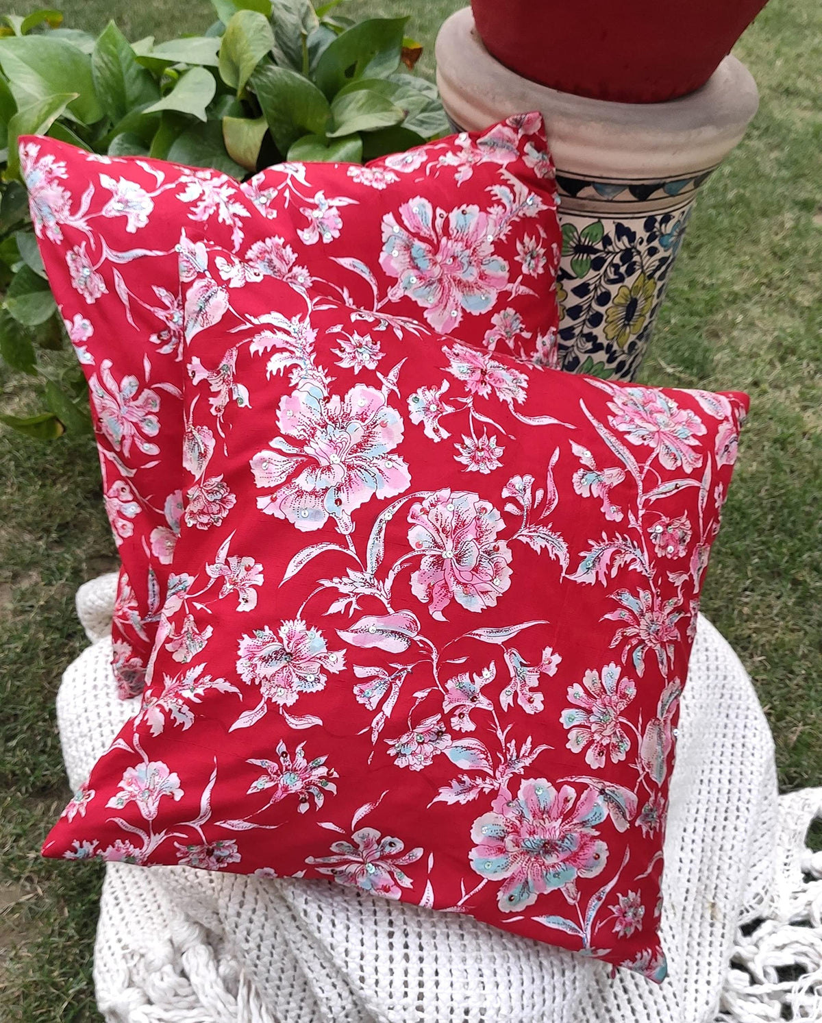 House Of Silko Banarasi Pure Silk Red Floral Printed Sequins Embroidered Cushion Cover For Home Decoration (Size 16X16) Set O