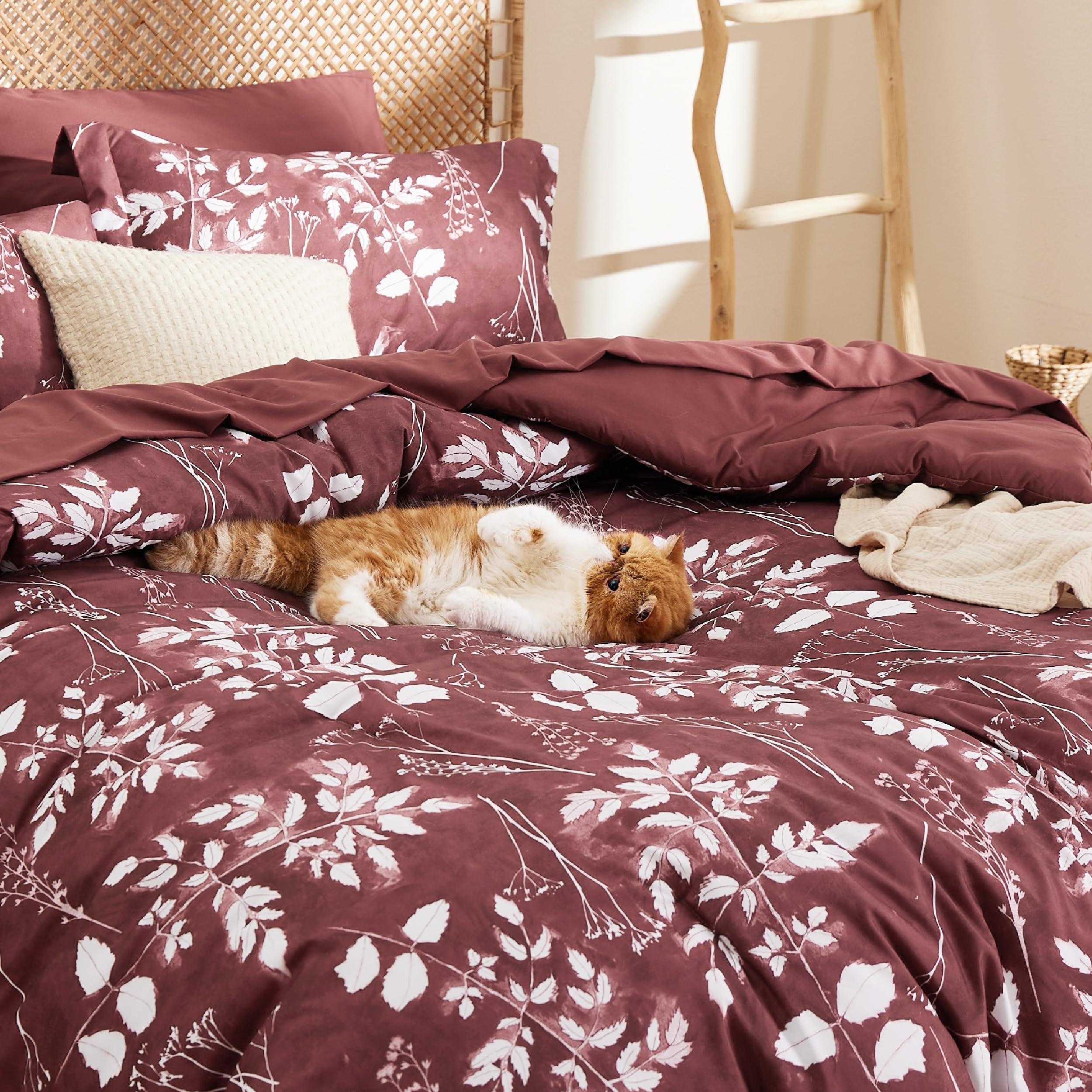 Bedsure Burgundy King Comforter Set - 7 Pieces Floral Bedding Sets King Bed In A Bag With Reversible Botanical Flowers Comforter, Sheets, Pillowcases & Shams