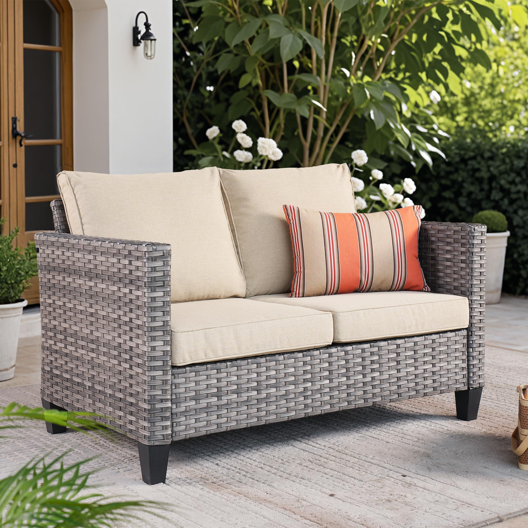 Ovios Patio Loveseat, 2-Seater Outdoor Wicker Sofa Couch With Comfy Cushions, All Weather High Back Deep Patio Seating Rattan Lo