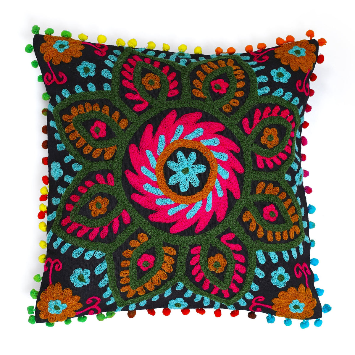 HandicraftPalace Embroidered Suzani Cushion Cover Pom Pom Pillow Case Sofa Decorative (Black_16 X 16 Inch)