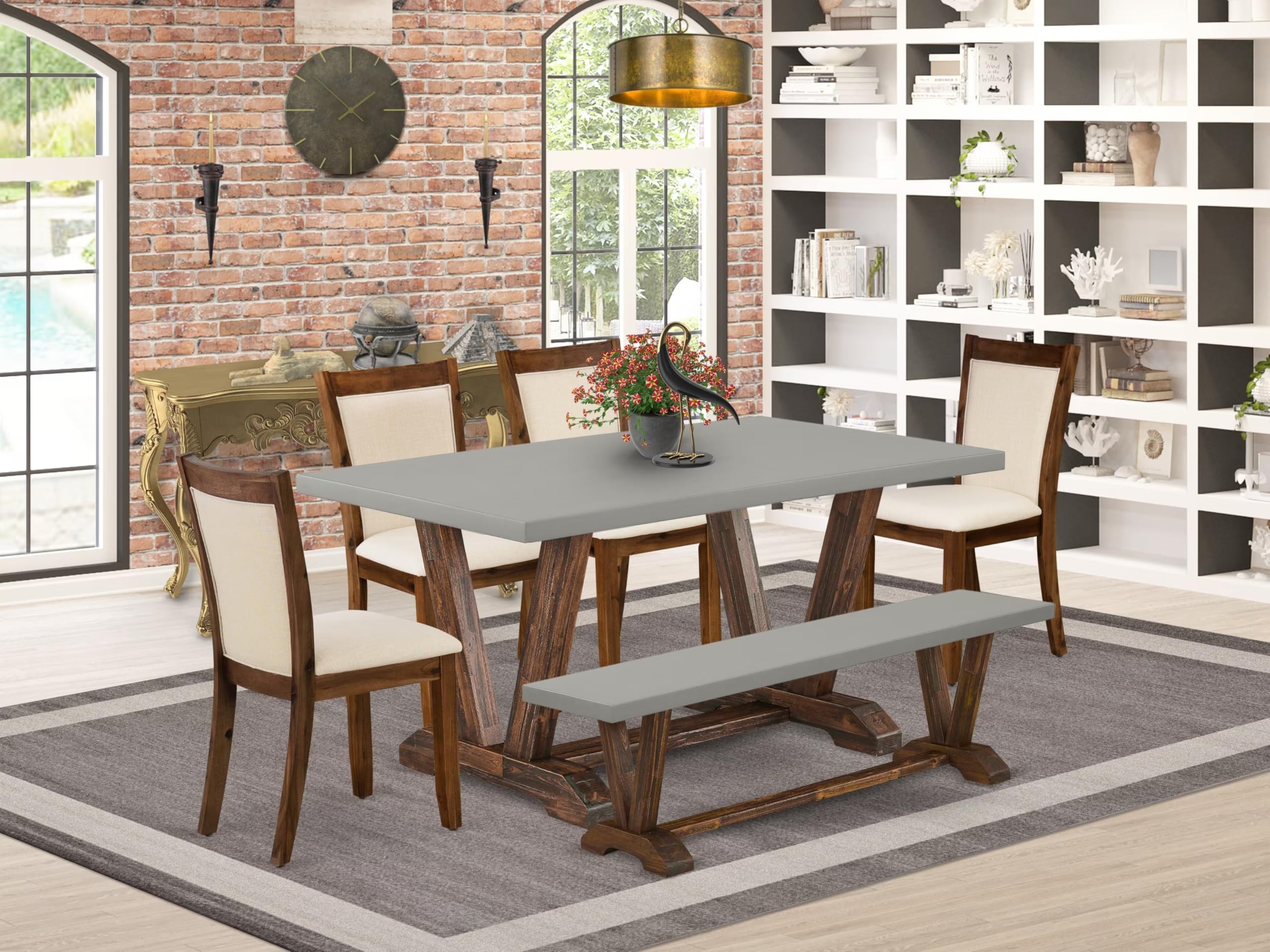 East West Furniture V796Mzn32-6 6 Piece Dining Set Contains A Rectangle Dining Room Table With V-Legs And 4 Light Beige Linen Fabric Upholstered Chairs With A Bench, 36X60 Inch, Multi-Color