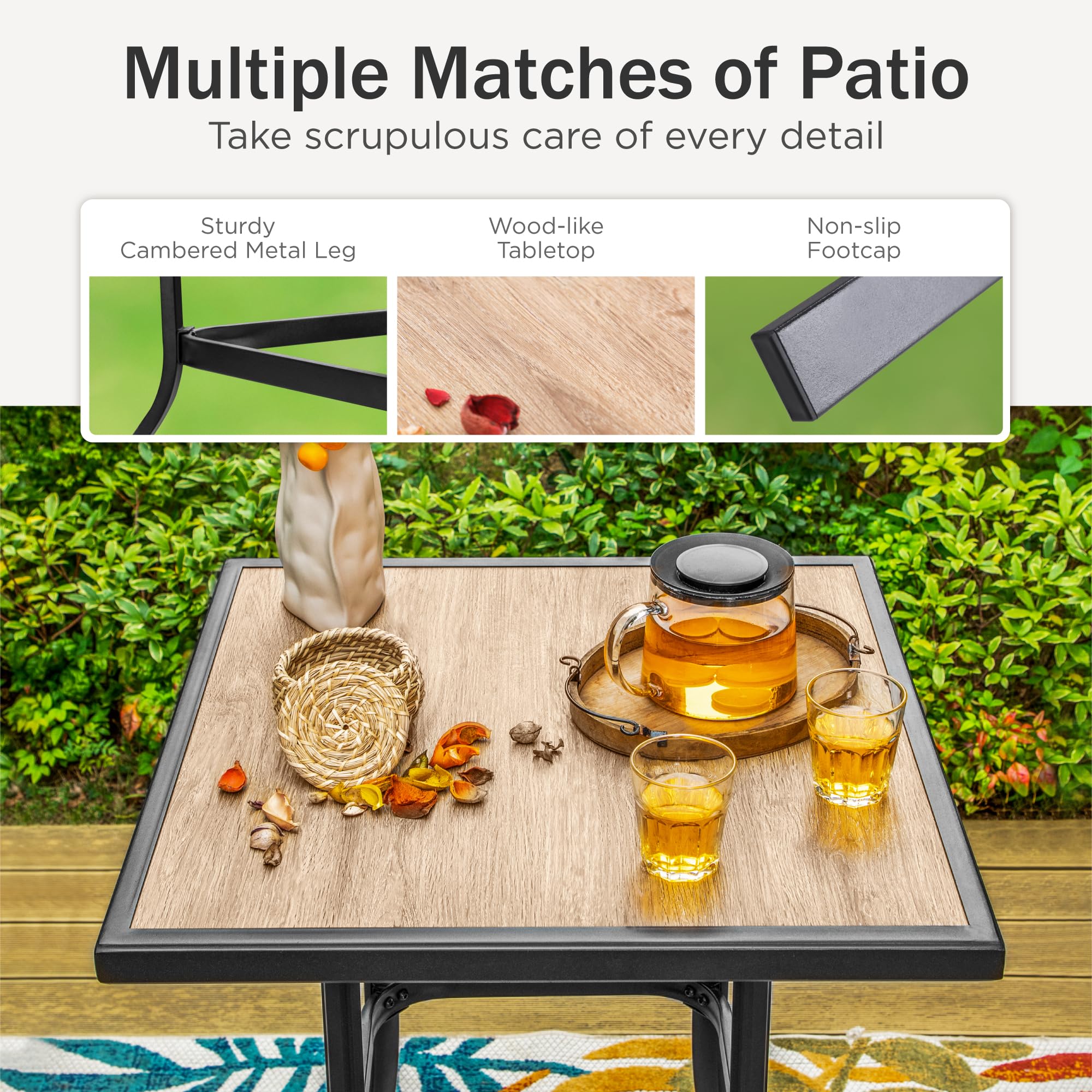 Phi Villa Patio Bar Table, Outdoor Bar Height Bistro Table With Wooden-Like Table Top & Metal Frame, Brown