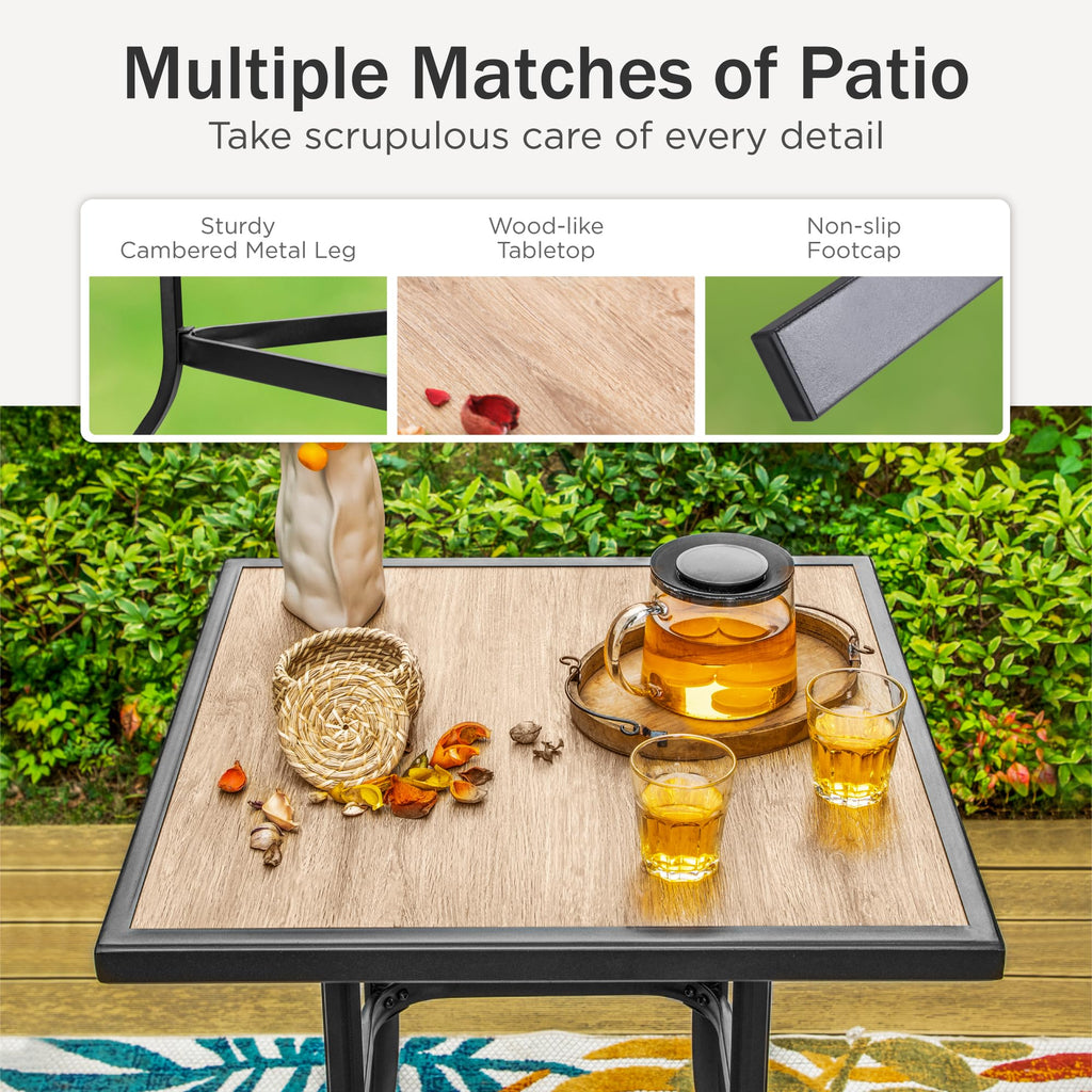Phi Villa Patio Bar Table, Outdoor Bar Height Bistro Table With Wooden-Like Table Top & Metal Frame, Brown