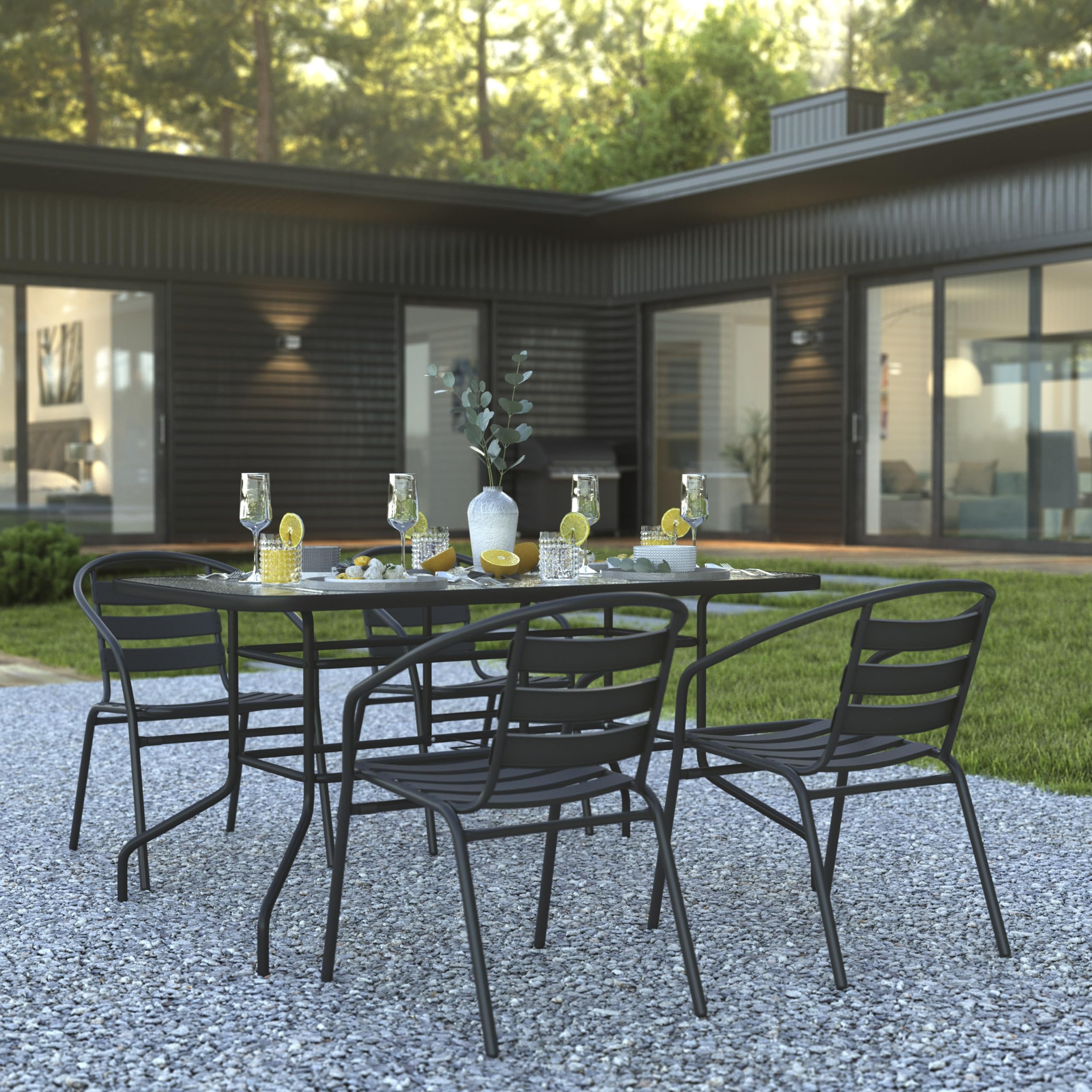 Flash Furniture Lila 5 Piece Patio Dining Set - 55&Quot; Tempered Glass Patio Table With Umbrella Hole - 4 Black Metal Aluminum Slat Stack Chairs