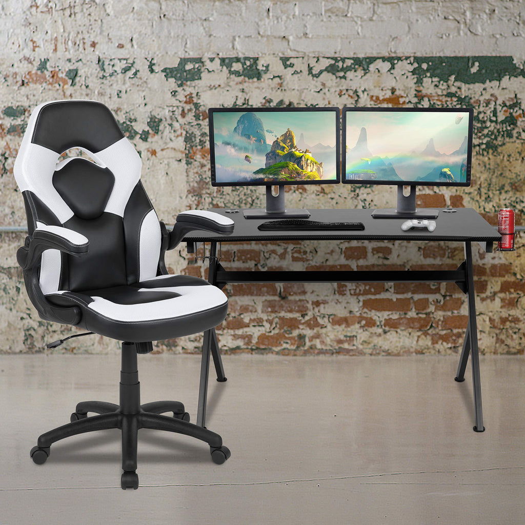 Flash Furniture Optis Black Gaming Desk And White/Black Racing Chair Set With Cup Holder, Headphone Hook & 2 Wire Management Holes