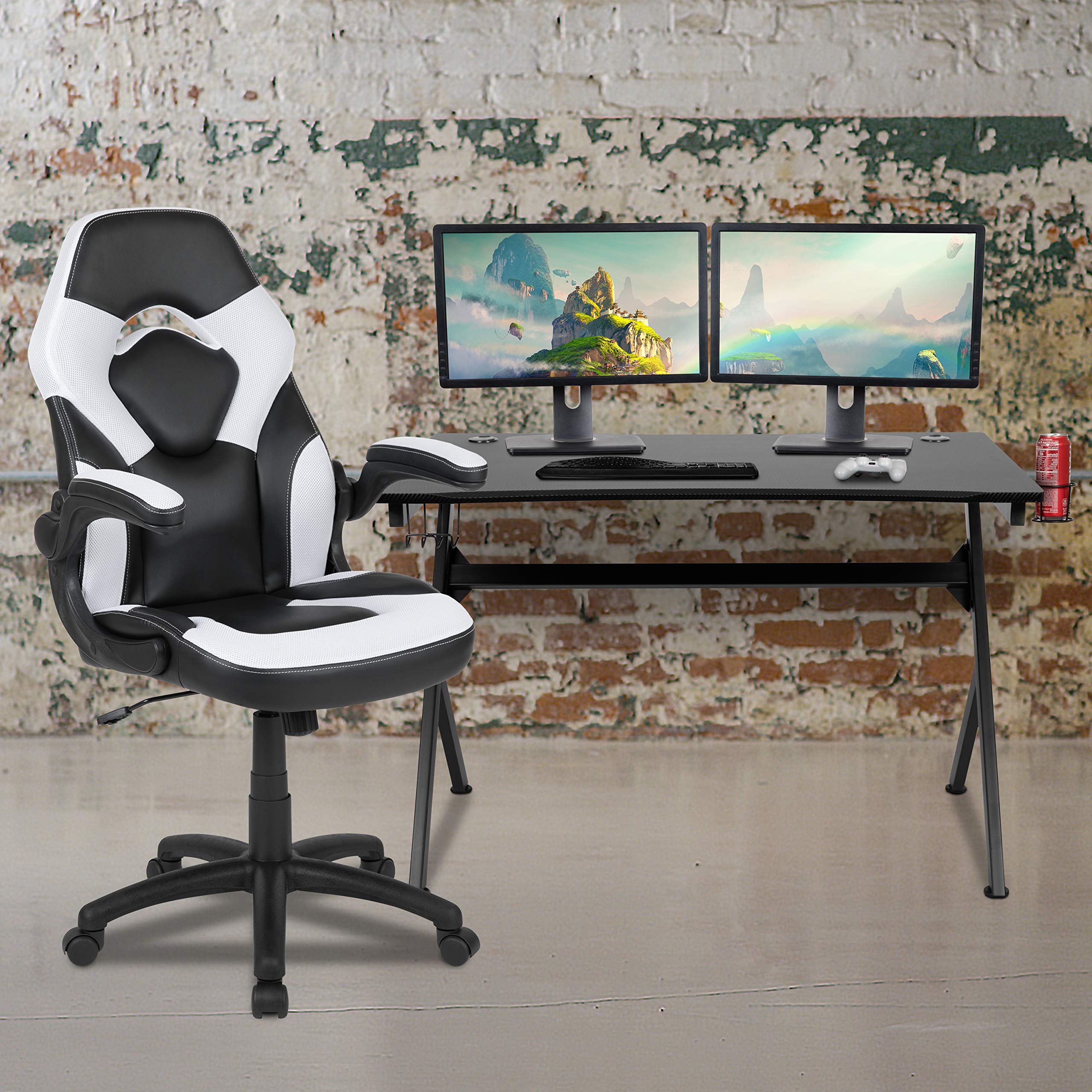 Flash Furniture Optis Black Gaming Desk And White/Black Racing Chair Set With Cup Holder, Headphone Hook & 2 Wire Management Holes