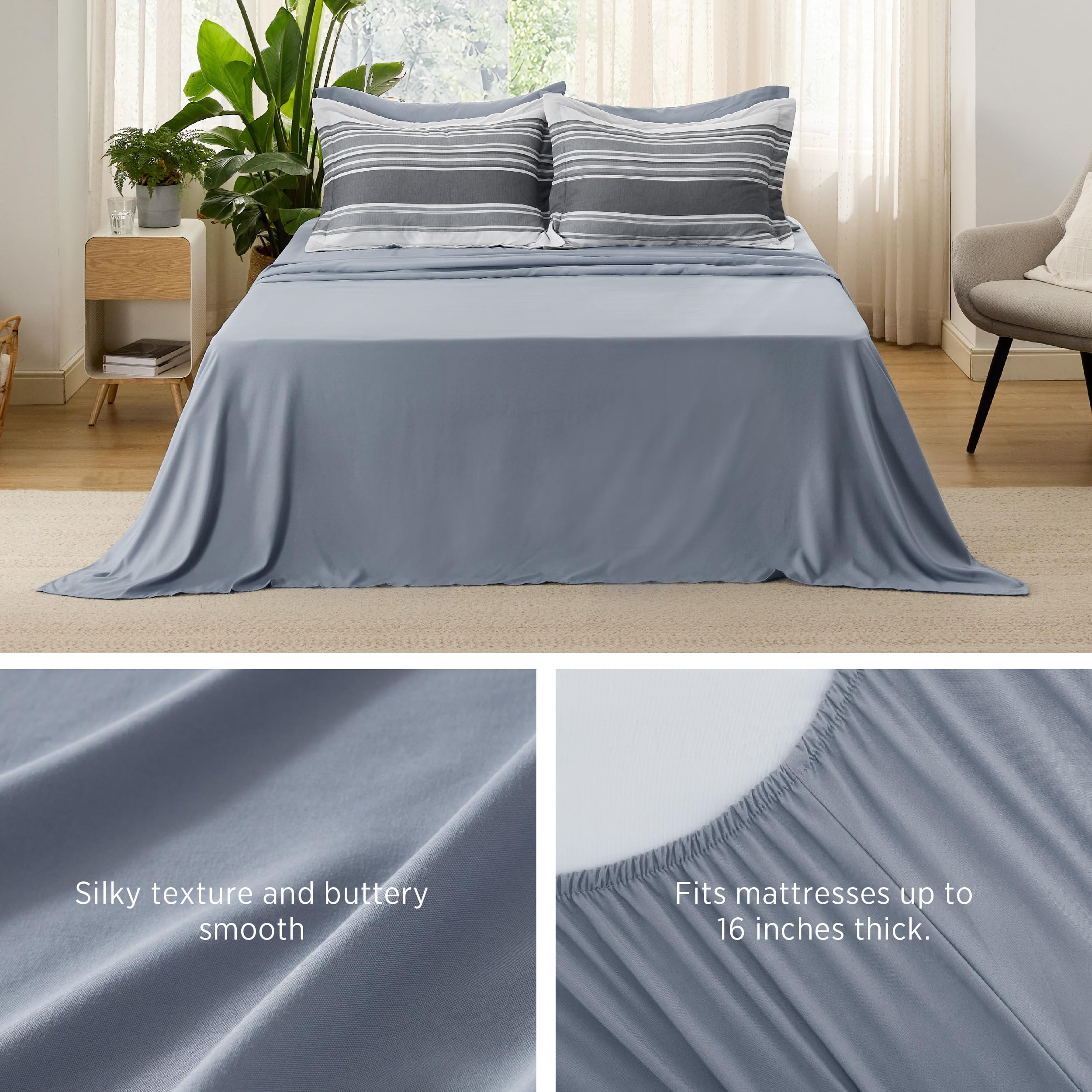Bedsure King Comforter Set 7 Pieces, Dark Grey Striped Bedding Set For King Size Bed Reversible, Cationic Dyeing Bed In A Bag With Comforter, Sheets, Pillowcases & Shams