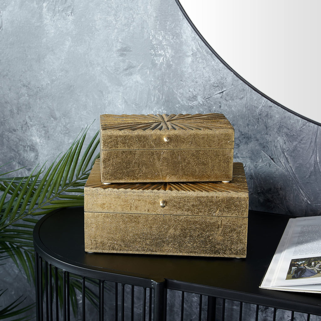 Cosmoliving By Cosmopolitan Wood Geometric Decorative Box Decorative Keepsake Boxes With Hinged Lid, Set Of 2 Storage Boxes 10''