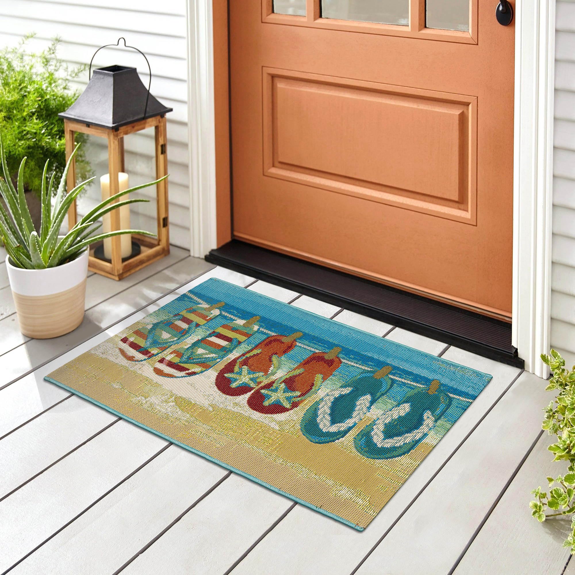 Liora Manne Esencia Machine Washable Non-Slip Low Profile Indoor/Outdoor Mat-Transitional, Coastal, Beach, Whimsical, Flip Flops Forever Blue 2' X 2'10'