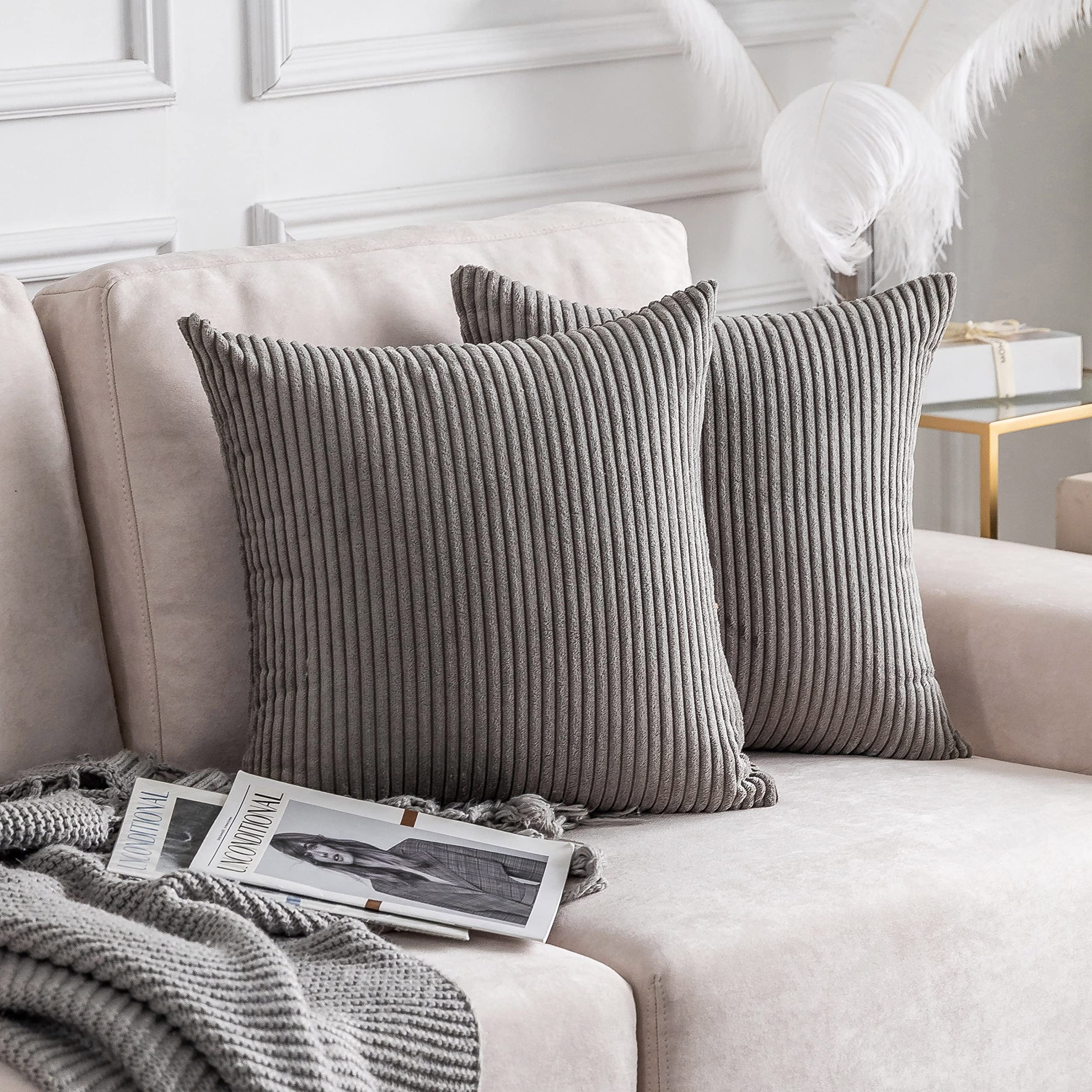 Home Brilliant Decorative Throw Pillow Covers 18X18 Inch For Living Room Couch Bed Sofa, Soft Striped Corduroy Square Cushion Ca
