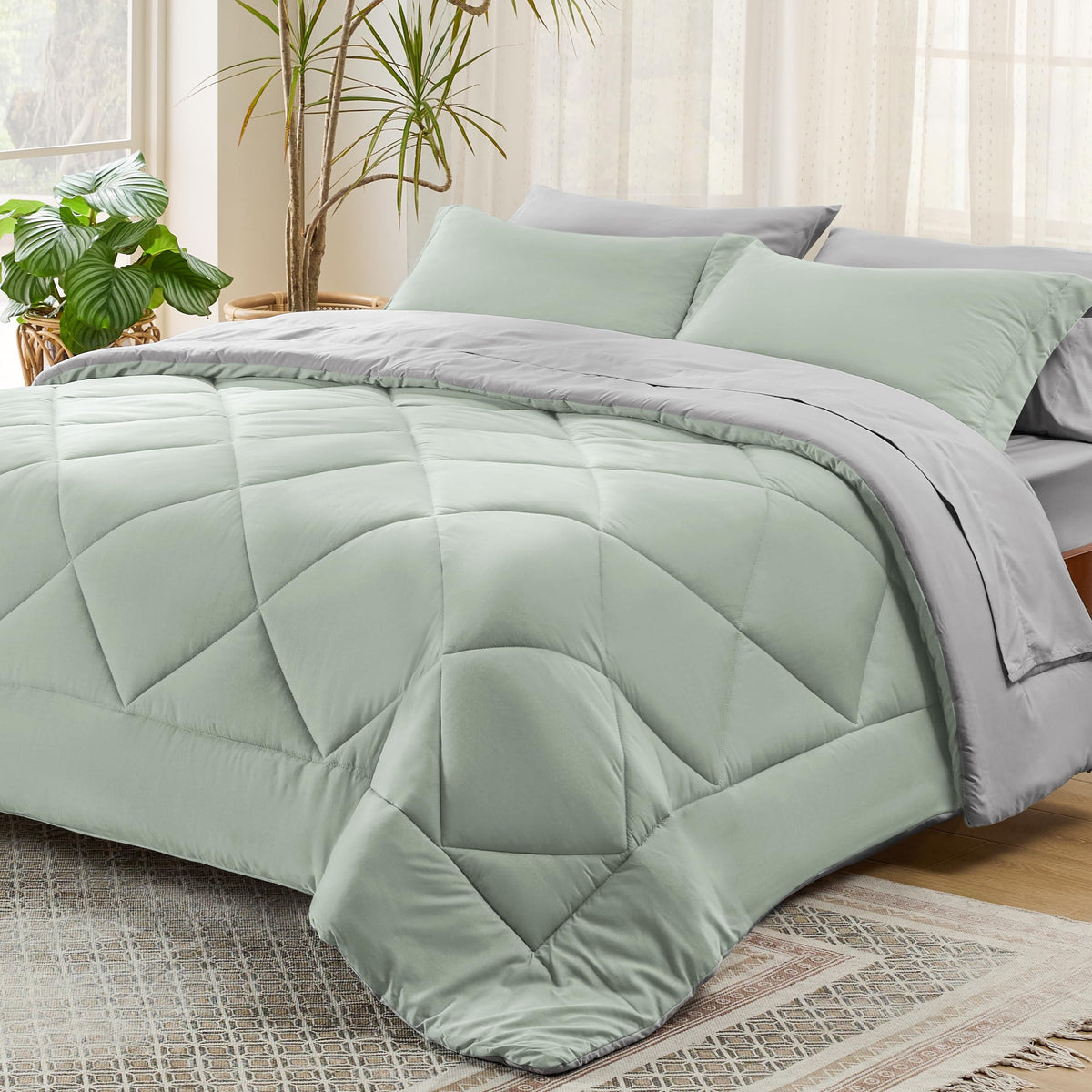 Bedsure Sage Green Queen Comforter Set - 7 Pieces Reversible Bed Set Sage Green Bed In A Bag Queen With Comforters, Sheets, Pill