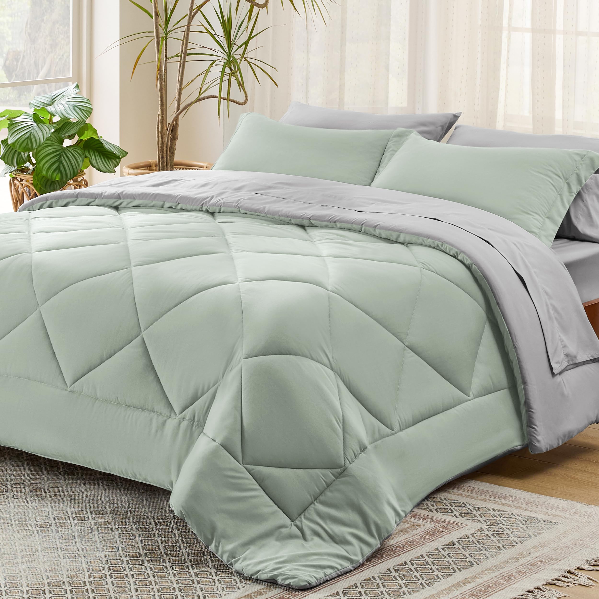 Bedsure Sage Green Full Comforter Set - 7 Pieces Reversible Bed Set Sage Green Bed In A Bag Full With Comforters, Sheets, Pillow