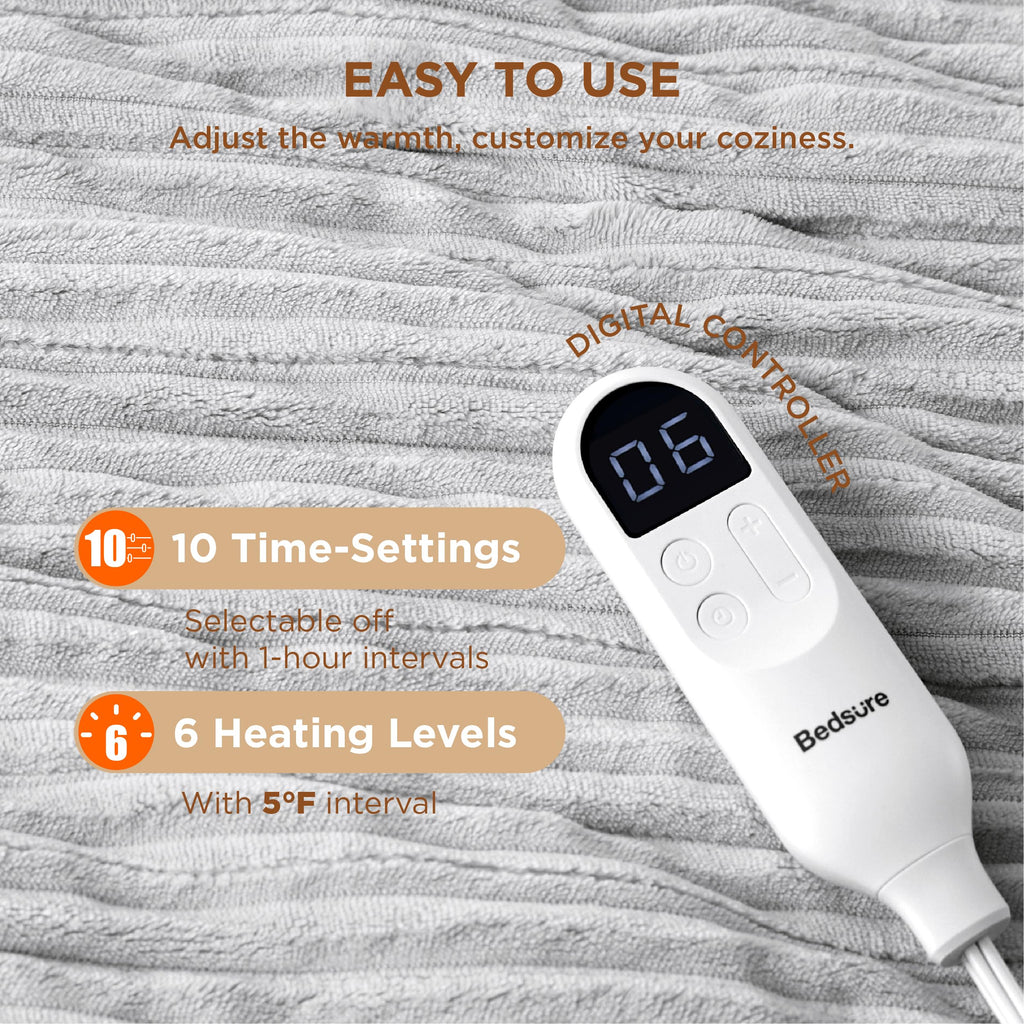 Bedsure Electric Blanket Twin - Soft Ribbed Flannel Heated Blanket, Heating With 10 Time Settings, 6 Heat Settings, And 8 Hrs Timer Auto Shut Off, Warm Gift For Grandma (62X84 Inches, Light Grey)