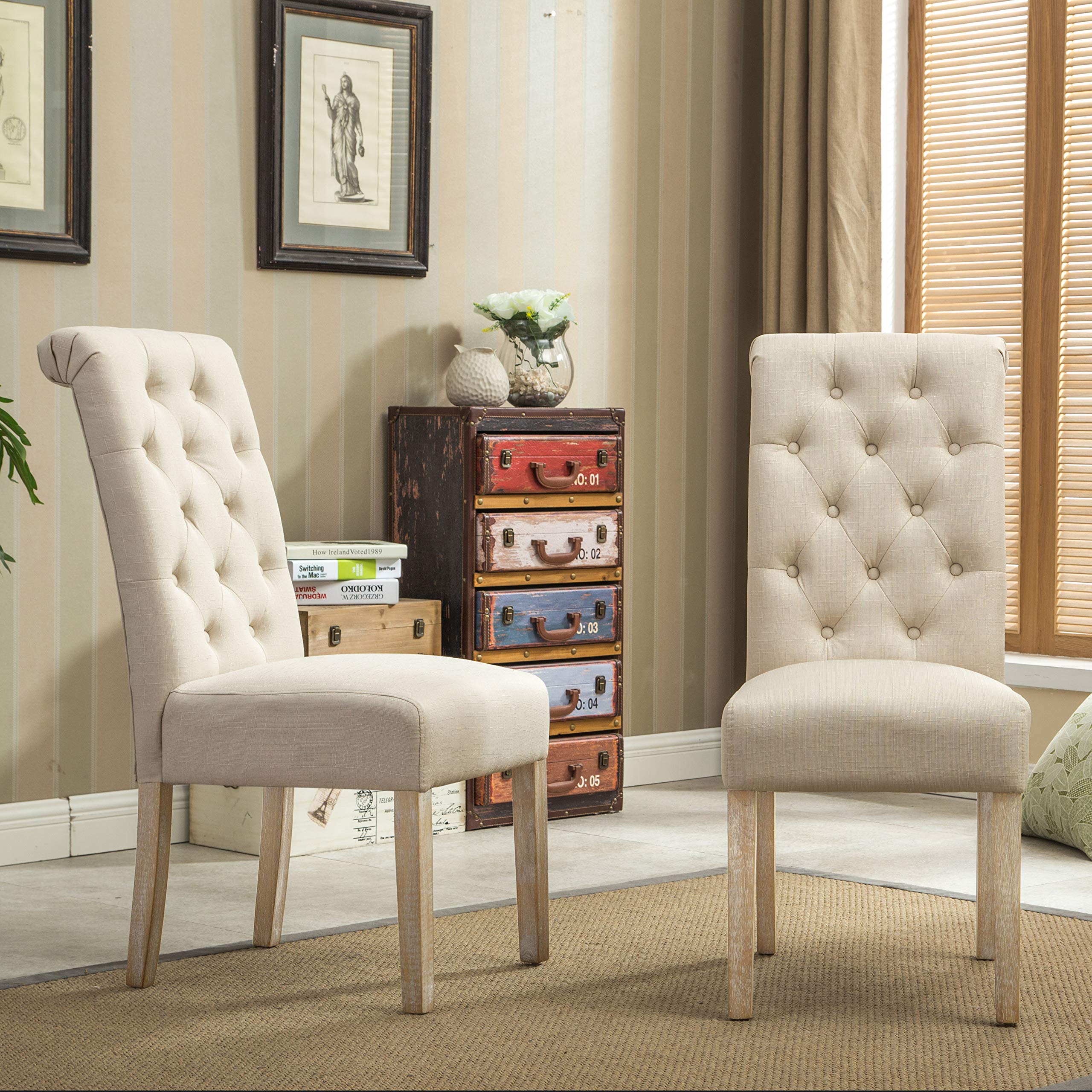 Roundhill Furniture Habit Solid Wood Tufted Parsons Dining Chair (Set of 2), Tan