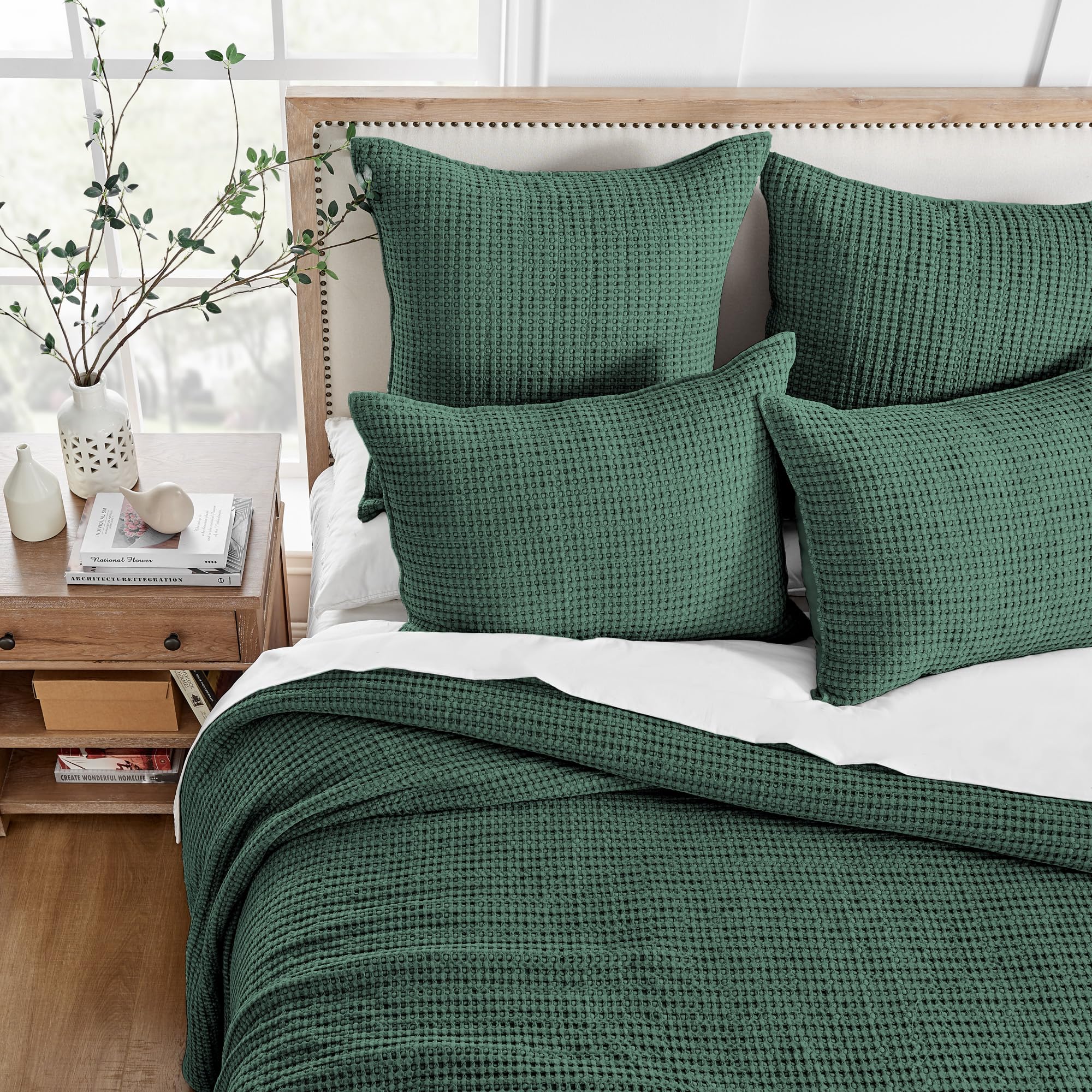 Levtex Home - Mills Waffle - Full Quilted Bedspread Set - Forest Green Cotton Waffle - Bedspread Size (96X110In.), Sham Size (26