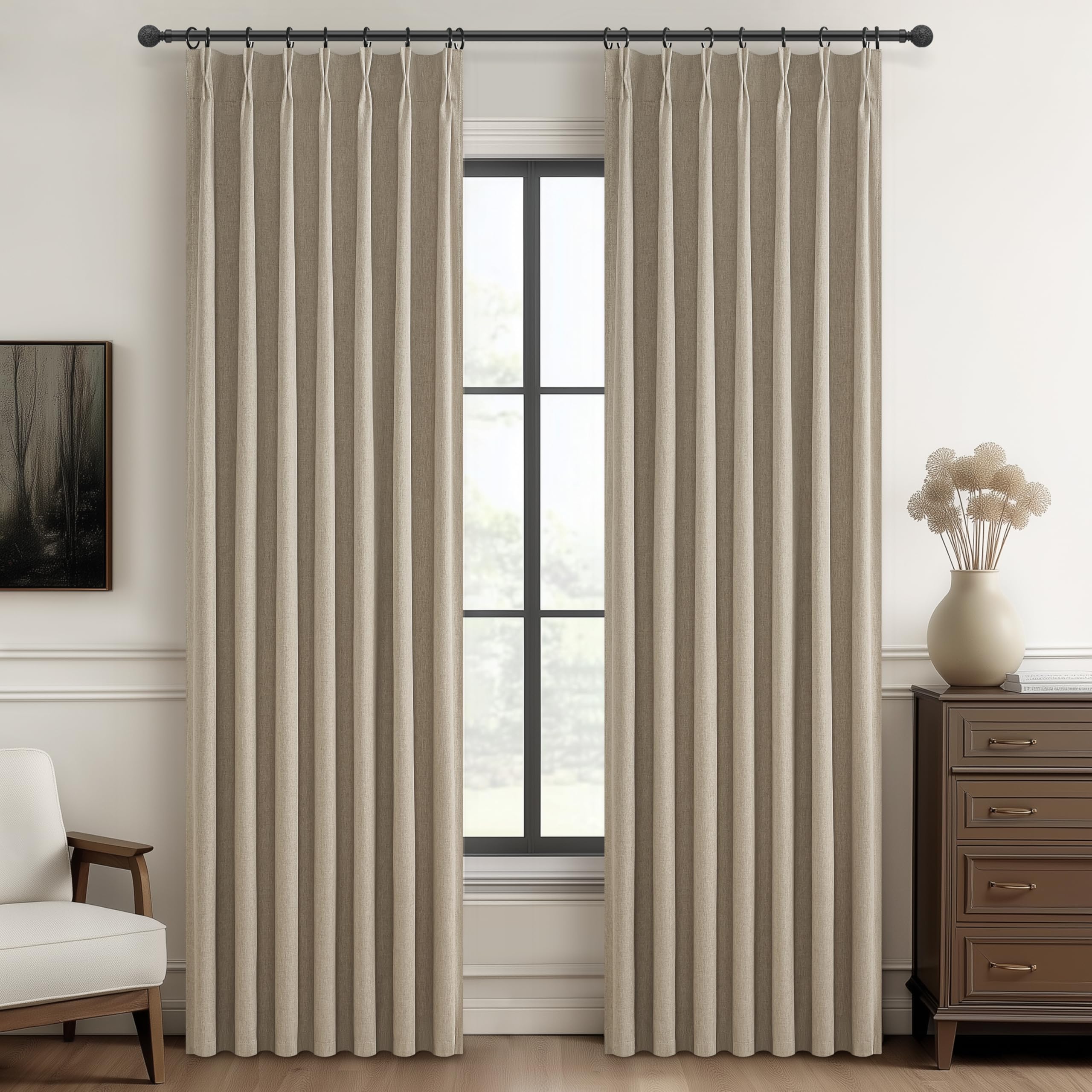 GreyBeige Modern Neutral 90 Inch Pinch Pleated Blackout Sliding Glass Door Curtains Light and Draft Blocking Drapes for Living R