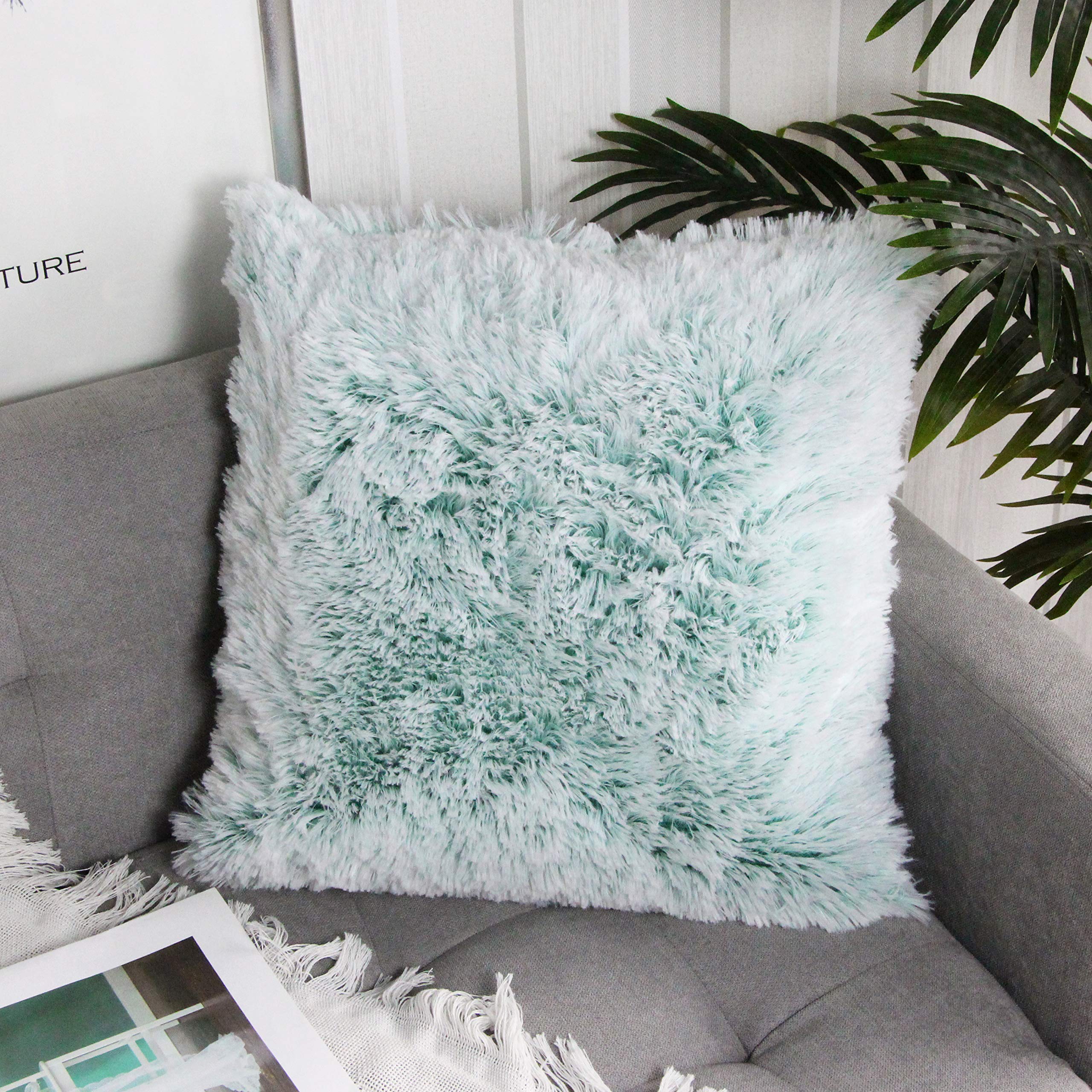 Uhomy 1 Pack Fluffy Plush Pillow Cover 18''X18'', Fall Winter Home Decorative Luxury Green Ombre Soft Fluffy Artificial Fur Thro