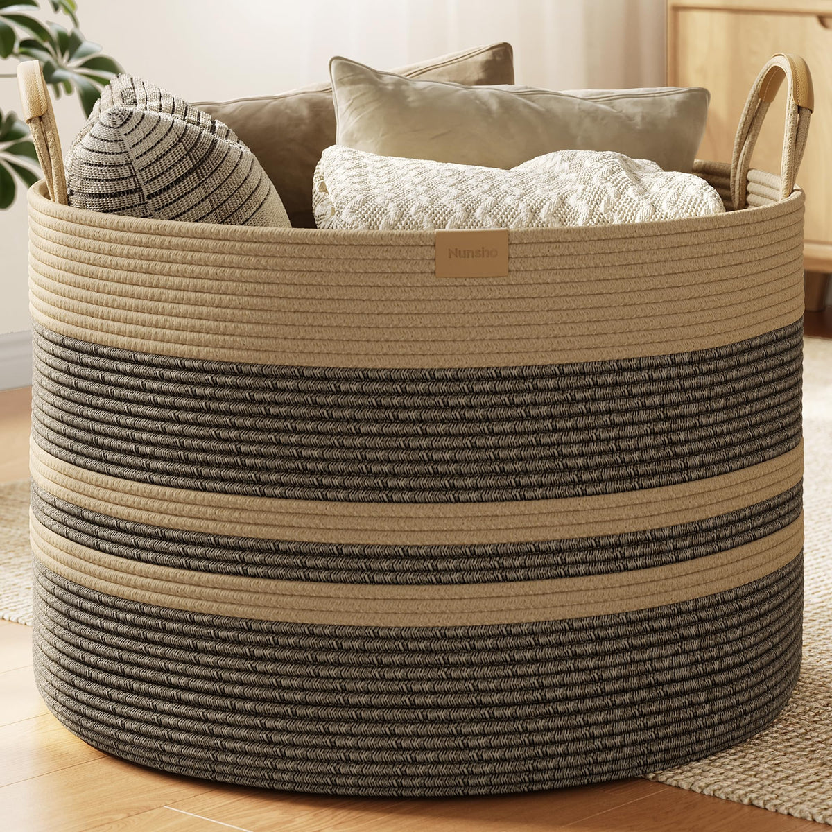 Nunsino 115L Woven Blanket Basket with Leather Handles, Cotton Rope Laundry Basket Hamper,Decorative Nursery Basket Toy Storage 