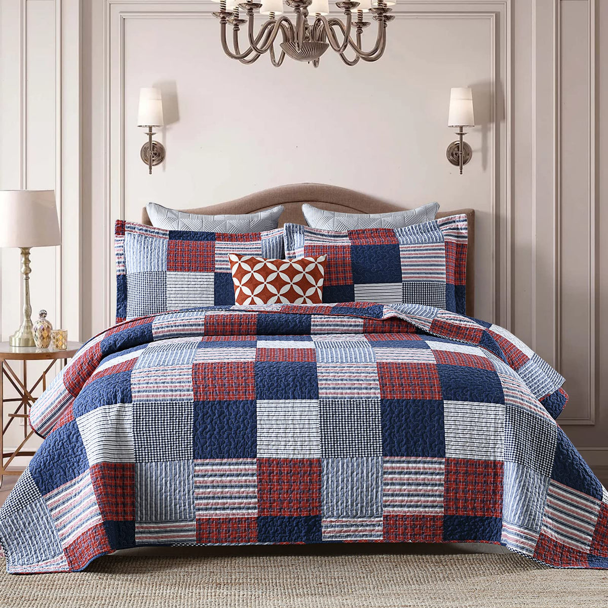 Finlonte Quilt King Size - 100% Cotton King Size Comforter Set Blue Red White Plaid Farmhouse Quilt Bedding Set, Reversible Ligh